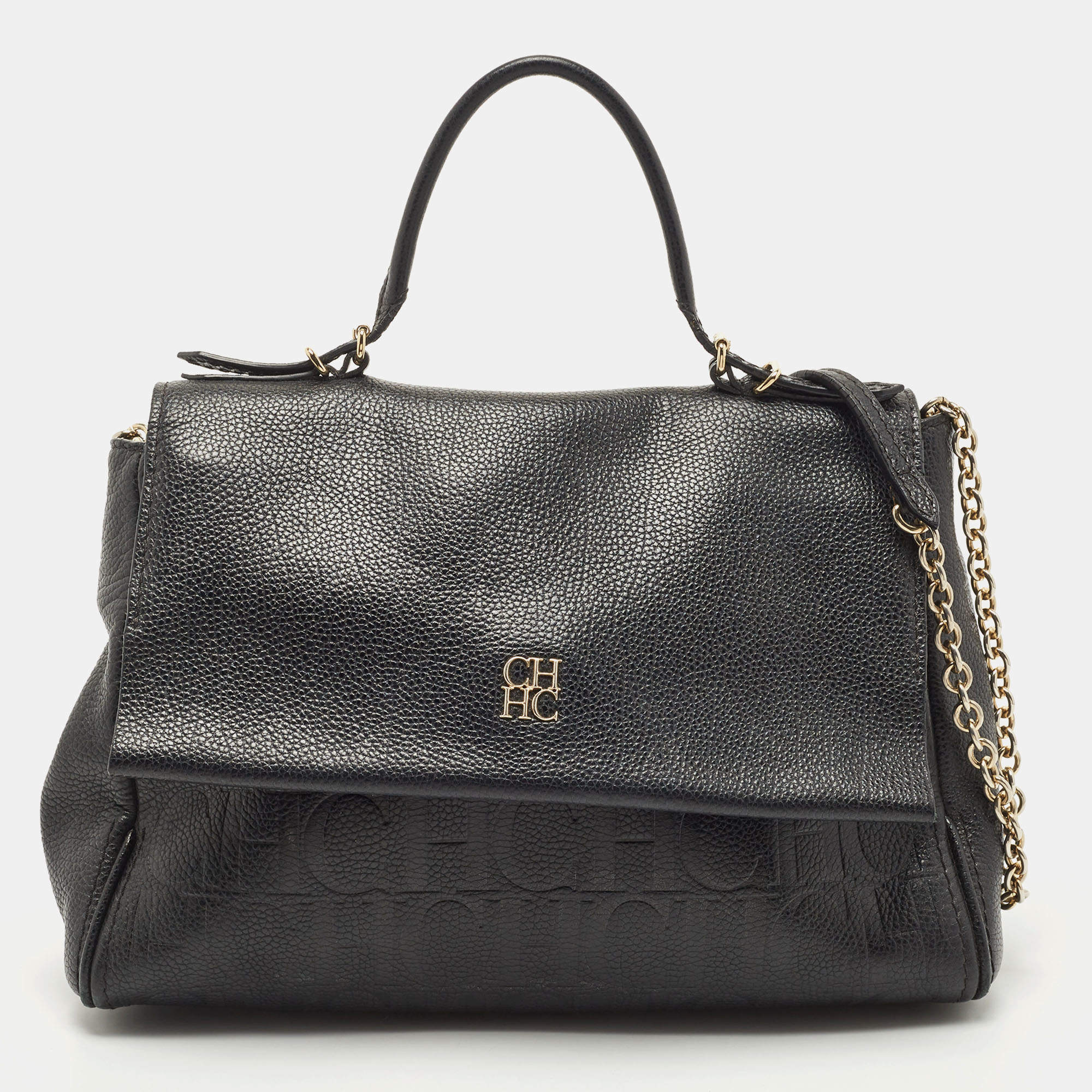 Carolina Herrera Black Leather Minuetto Flap Top Handle Bag