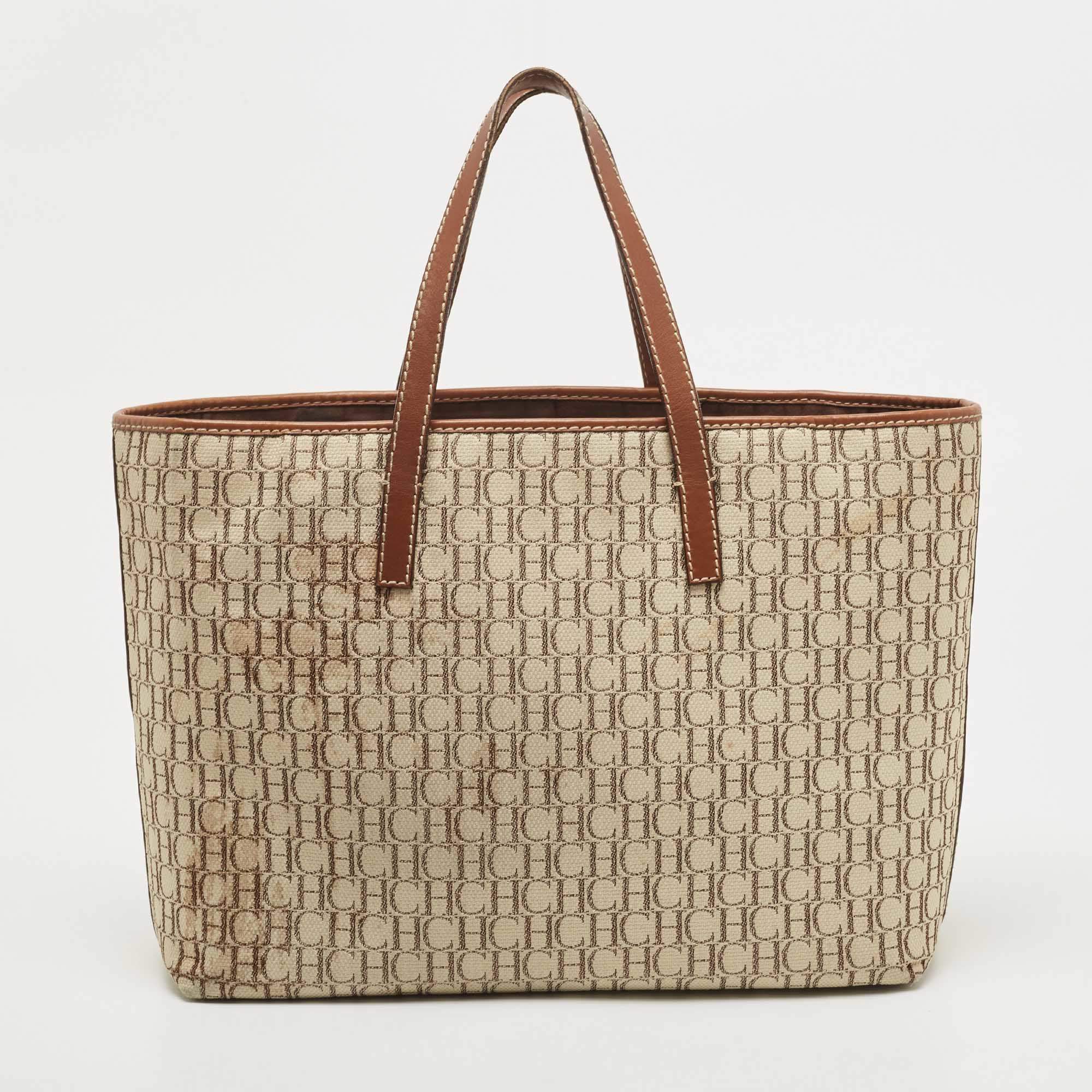 Carolina Herrera Brown/Beige Monogram Canvas and Leather Patchwork Tote -  ShopStyle