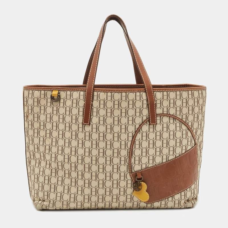 Carolina Herrera Brown/Beige Monogram Canvas and Leather Patchwork Tote