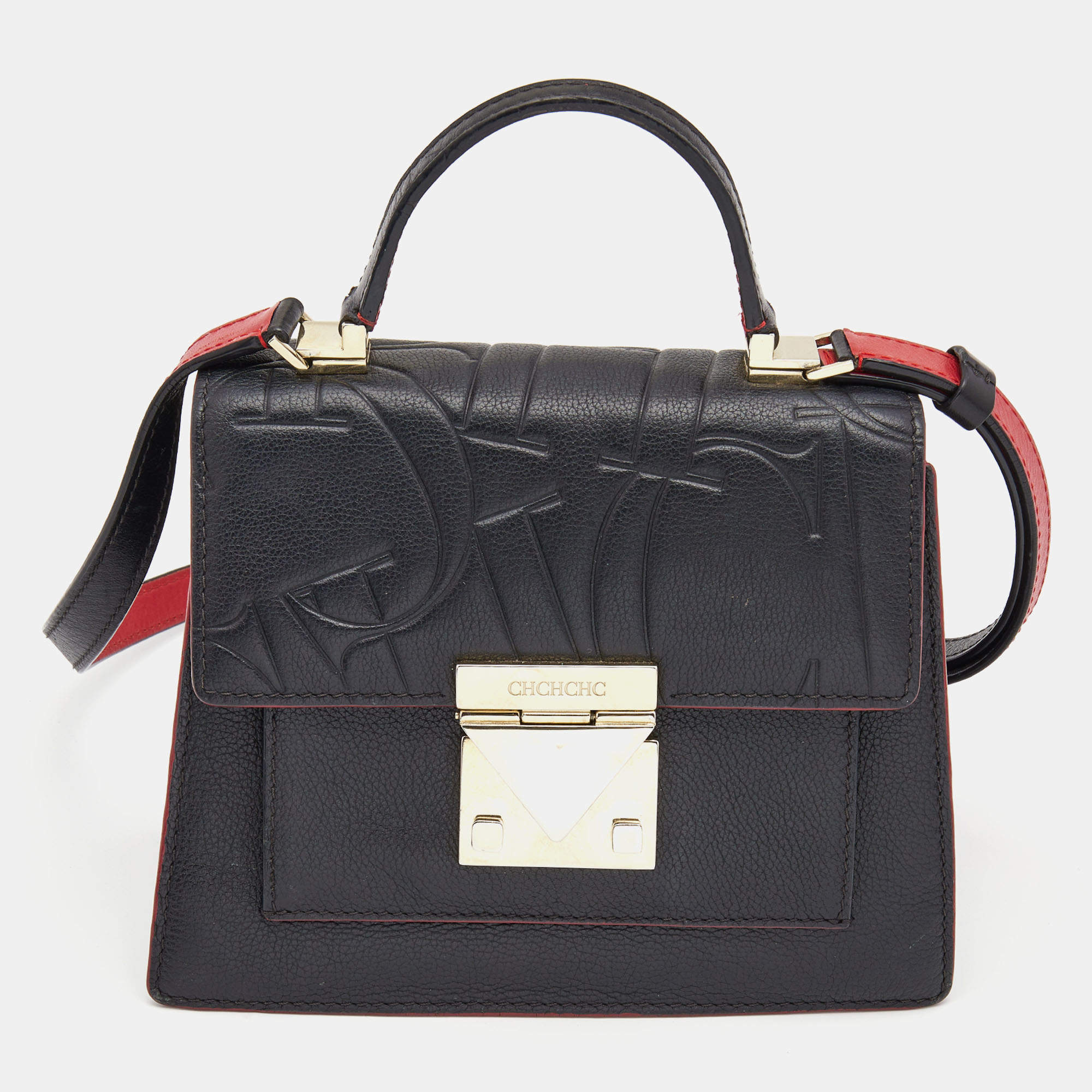 Carolina Herrera Black Embossed Leather Pushlock Flap Top Handle Bag