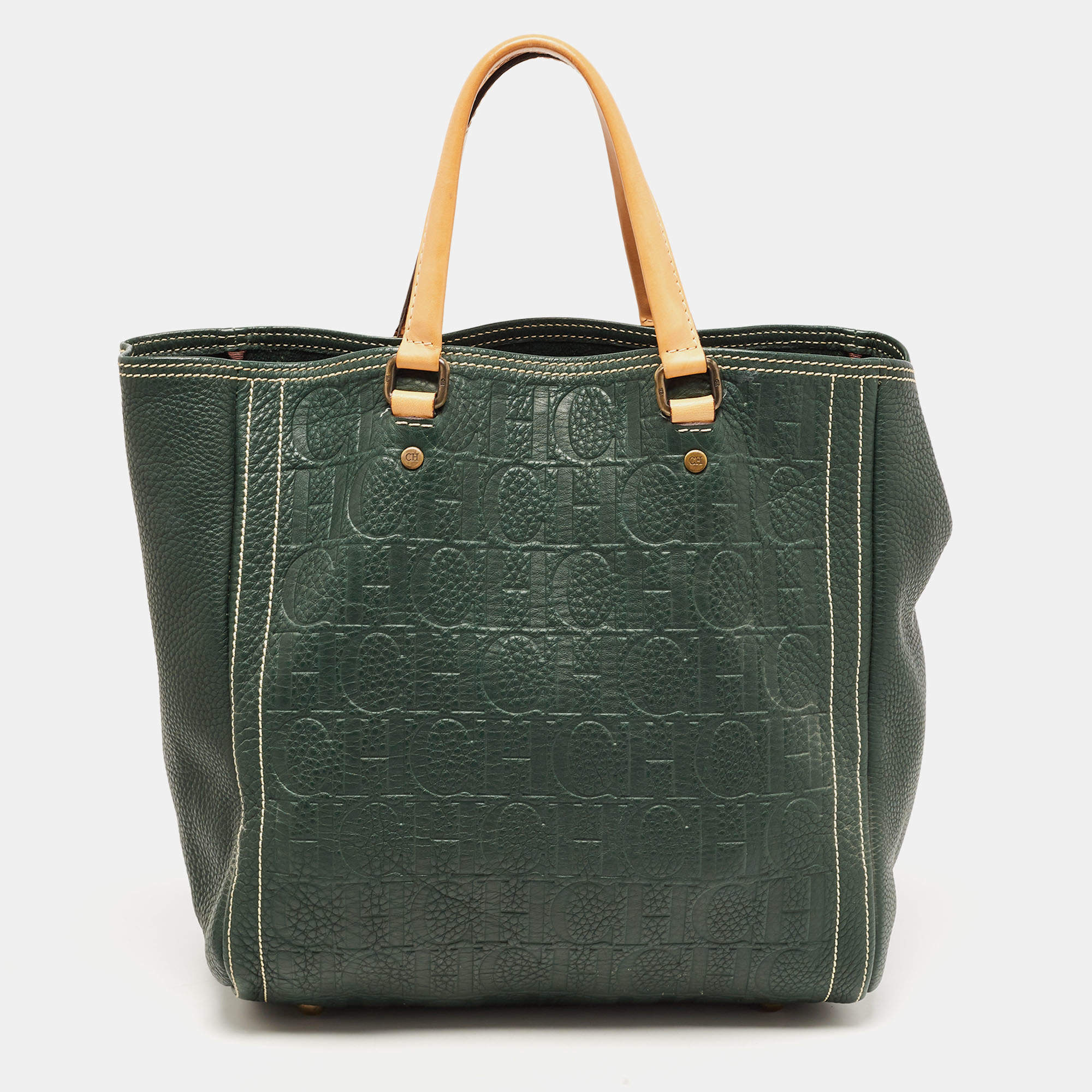 Pre Owned  Carolina Herrera Green Monogram Embossed Leather Andy Tote