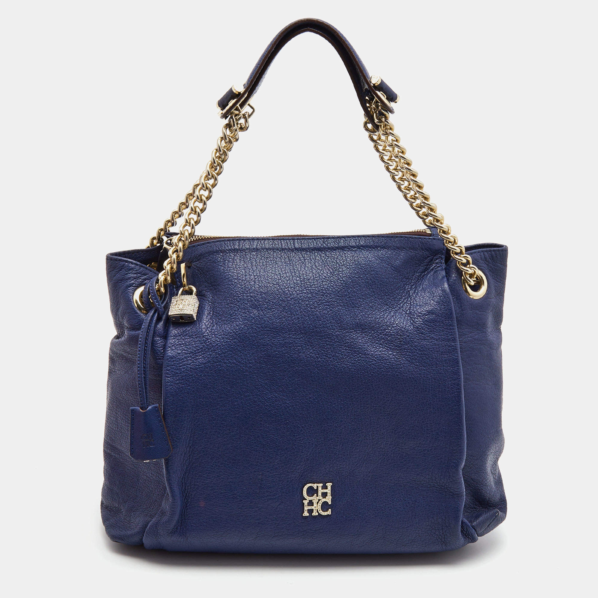 Pre Owned Carolina Herrera Navy Blue Leather Crystals Embellished Lock and Logo Chain Bag