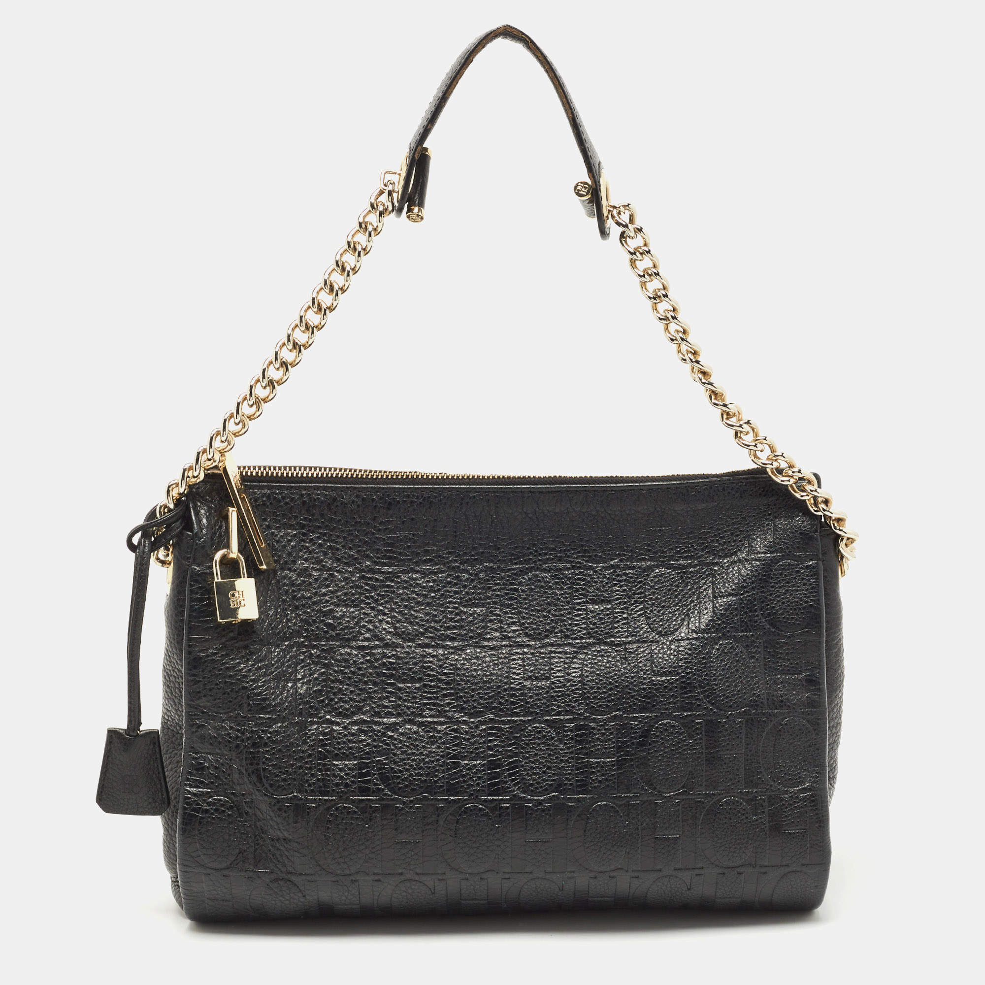 Carolina Herrera Black Monogram Leather Shoulder Bag