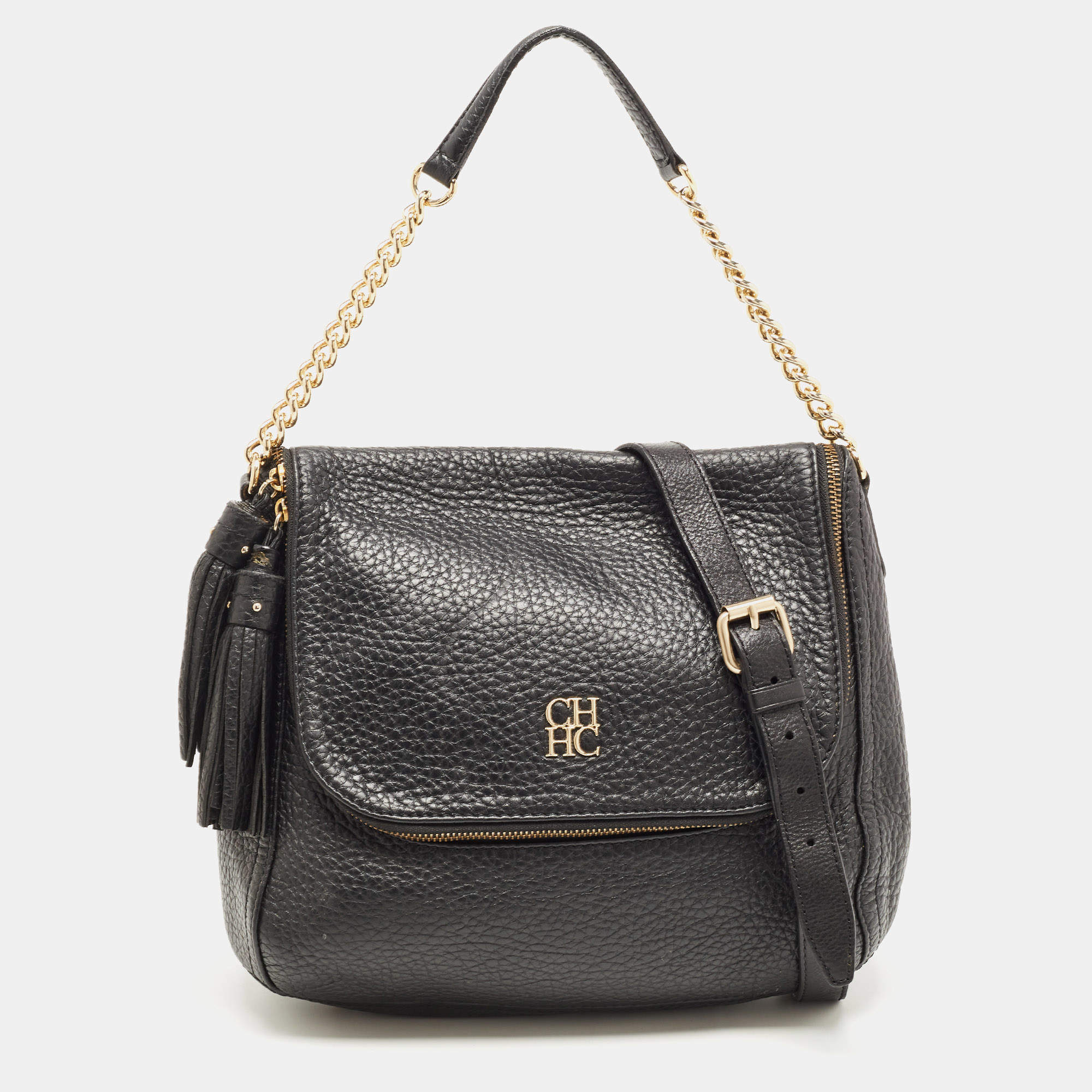Carolina Herrera Black Leather Tassel Flap Shoulder Bag