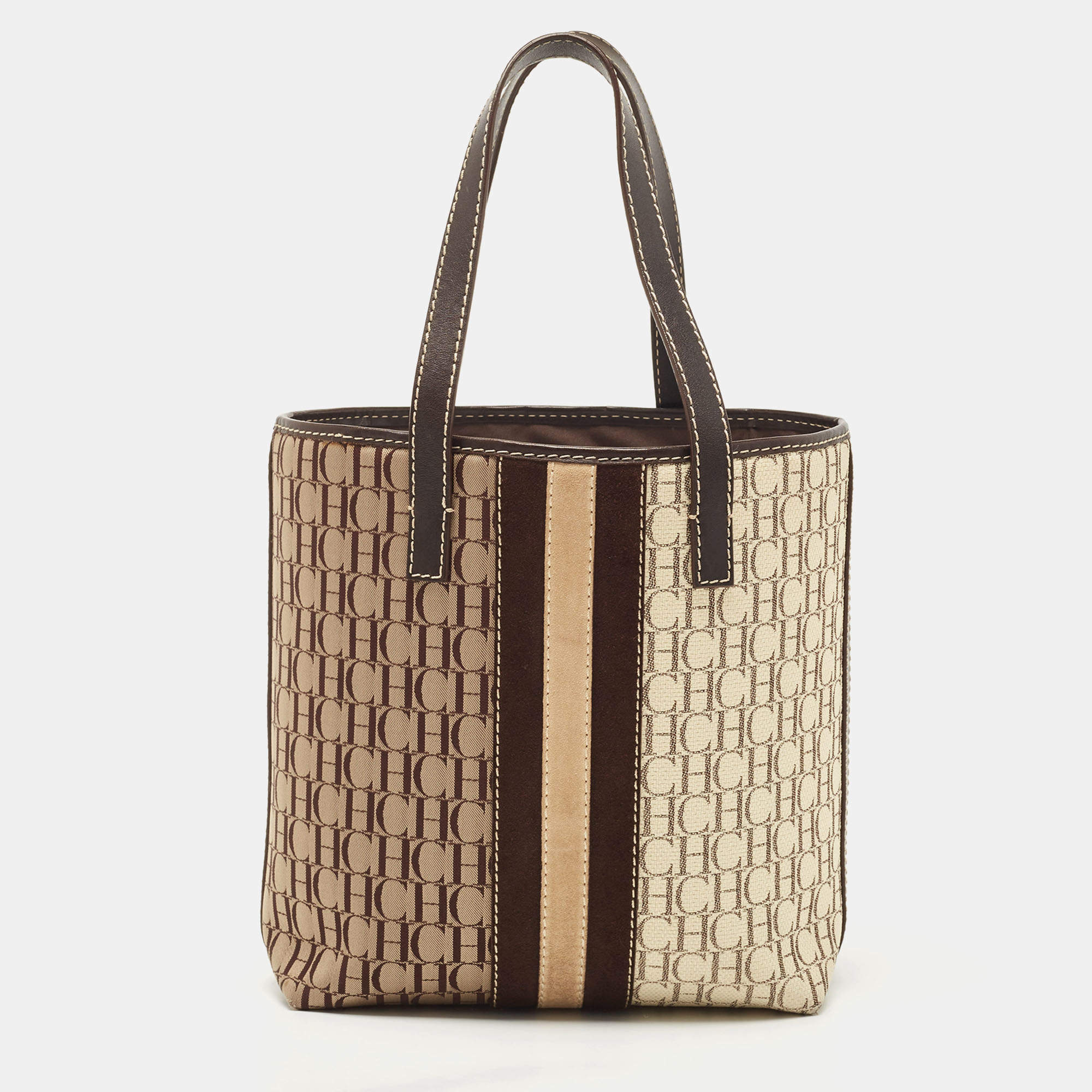  Carolina Herrera Brown/Beige Monogram Canvas and Leather Bucket Tote