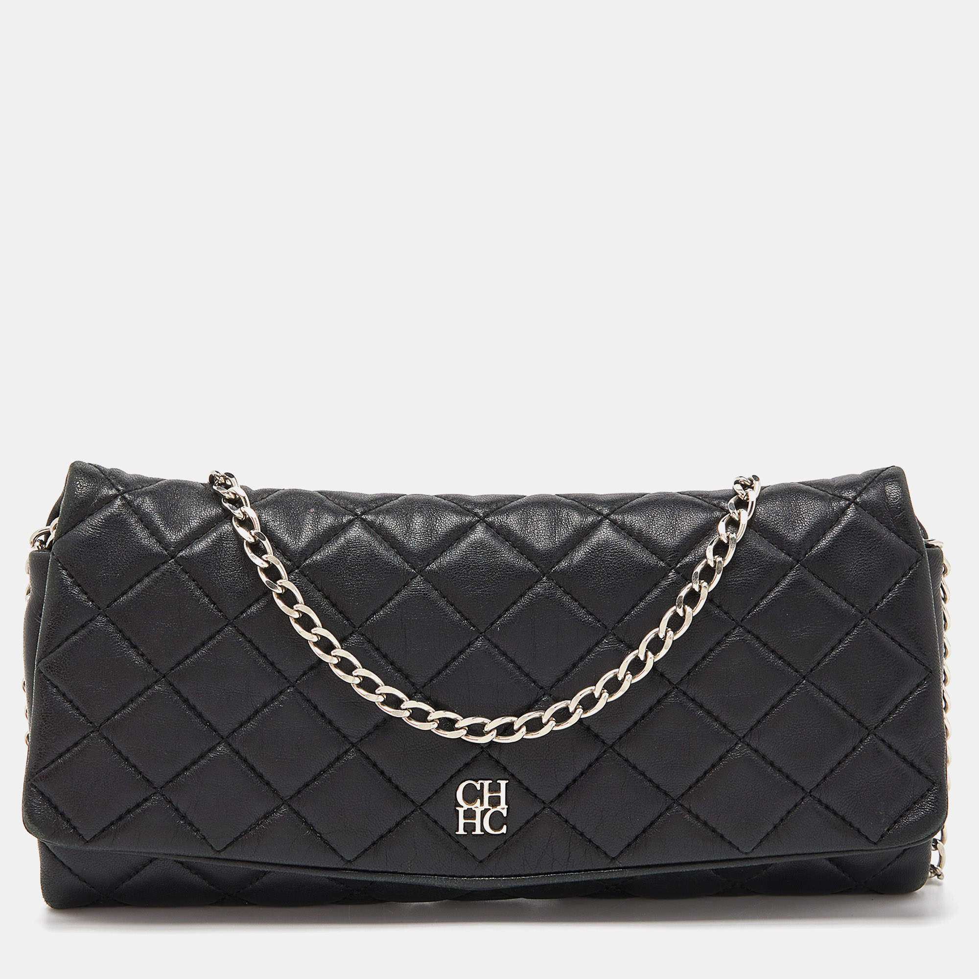 Carolina Herrera Black Quilted Leather CHHC Flap Chain Clutch