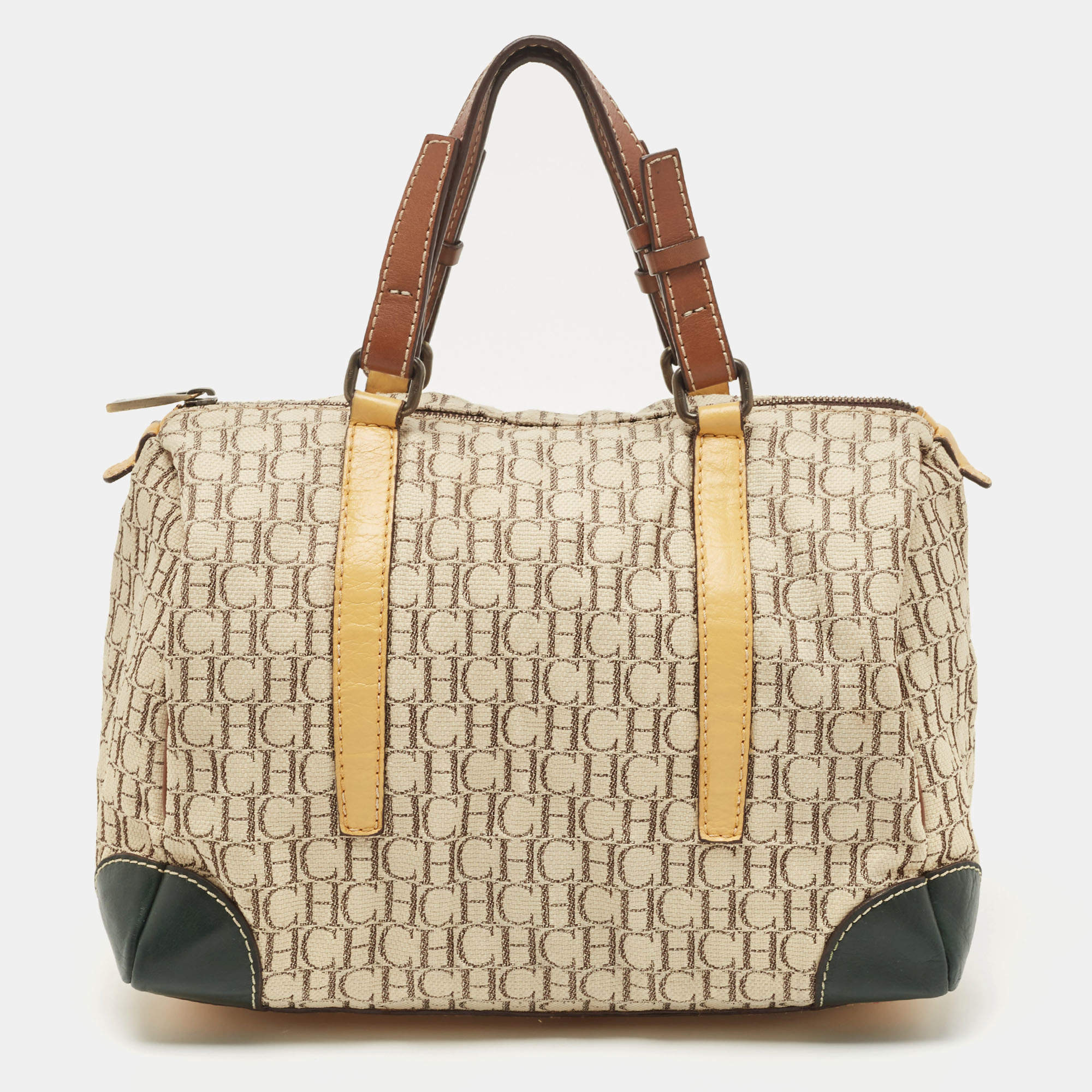 Carolina Herrera Beige/Multicolor Monogram Canvas and Leather Andy Boston Bag           