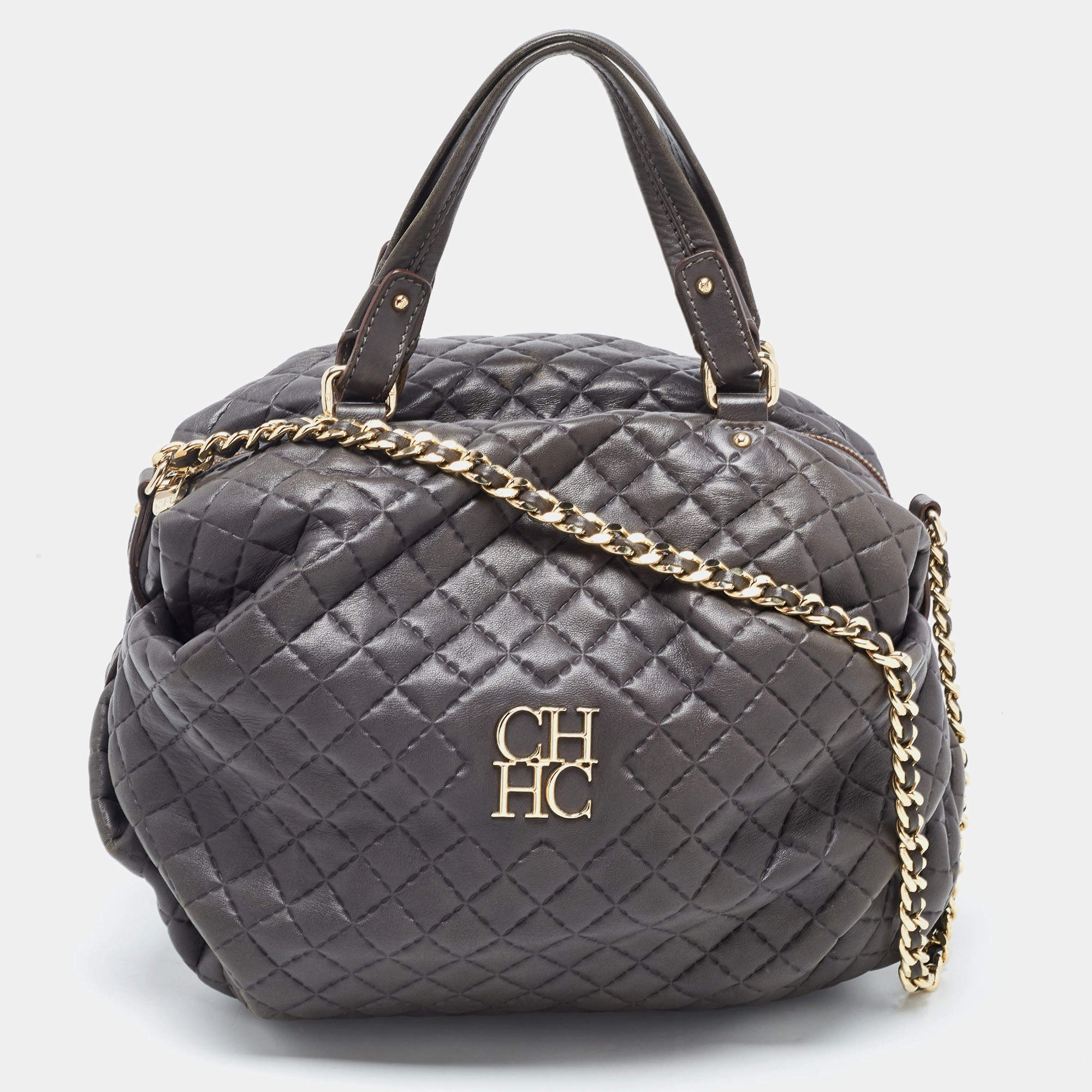 Pre Owned Carolina Herrera Grey Quilted Leather Pleated Chain Hobo