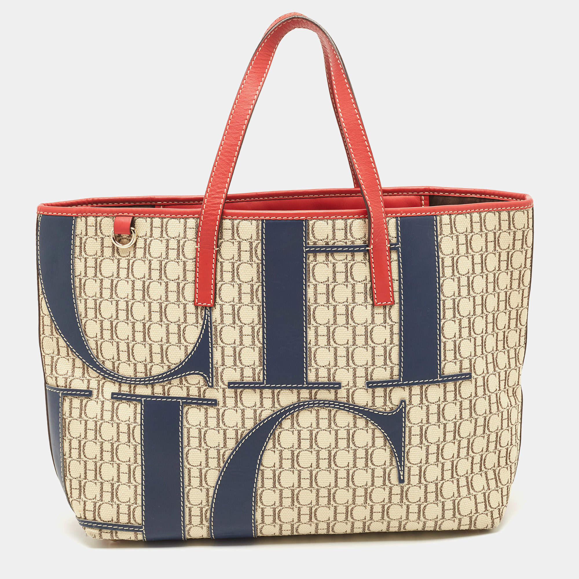 Pre Owned Carolina Herrera Tri Color Monogram Canvas and Leather Shopper Tote