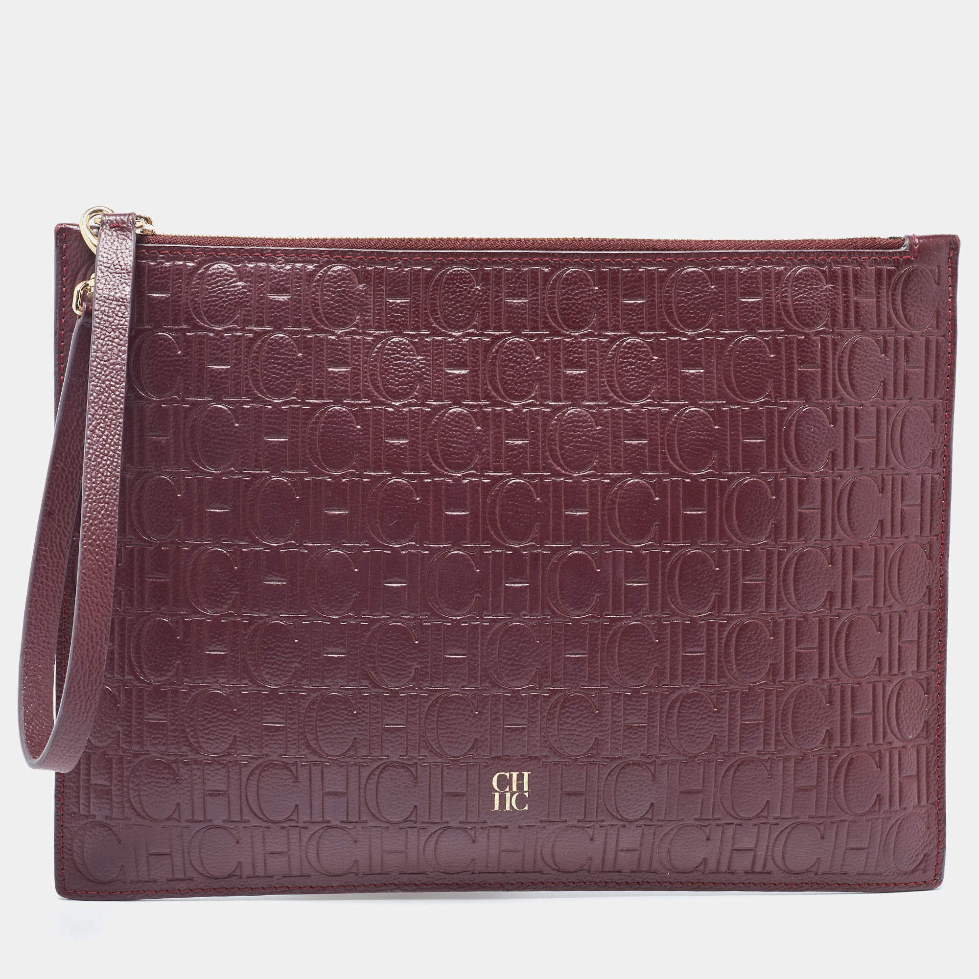 Carolina Herrera Burgundy Monogram Embossed Leather Zip Wristlet Pouch