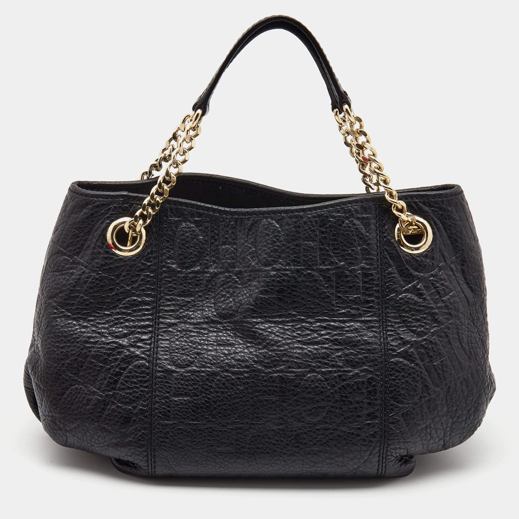 Pre Owned Carolina Herrera Black Monogram Embossed Leather Chain Hobo