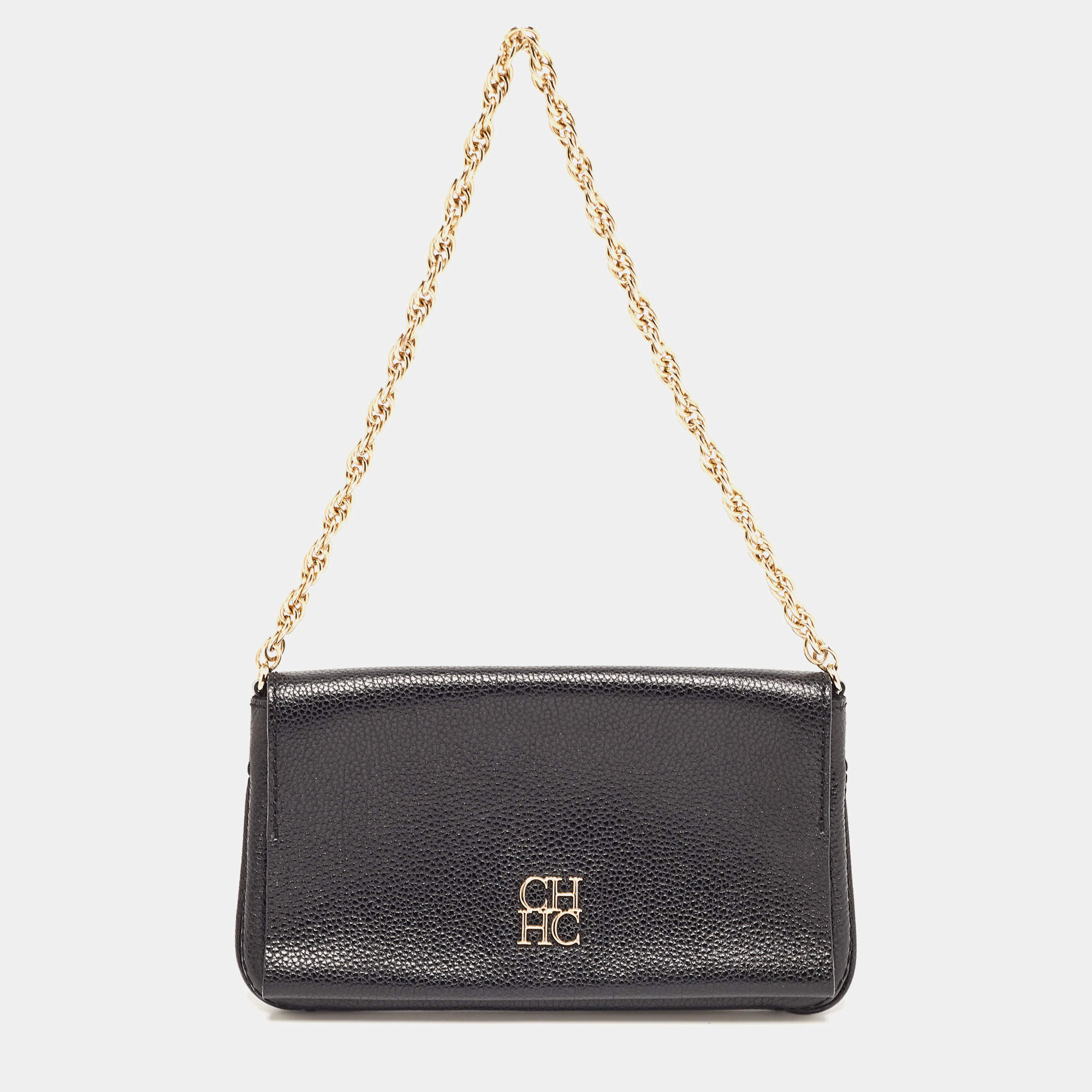 Pre Owned Carolina Herrera Black Leather Logo Flap Chain Bag