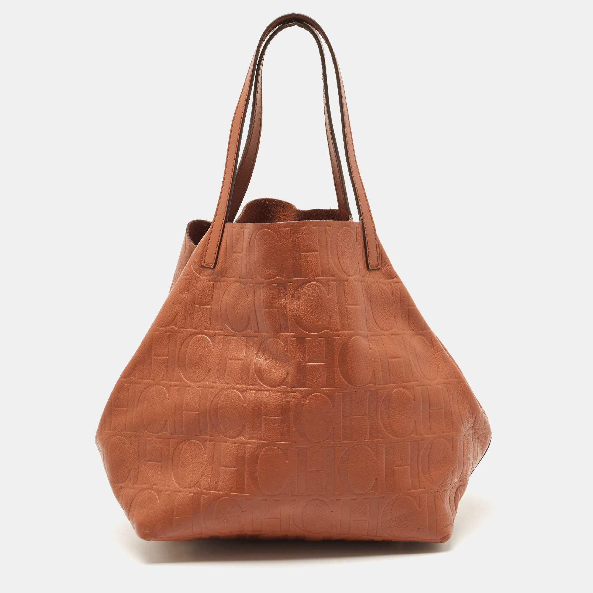 Carolina Herrera Brown Monogram Embossed Leather Matryoshka Tote