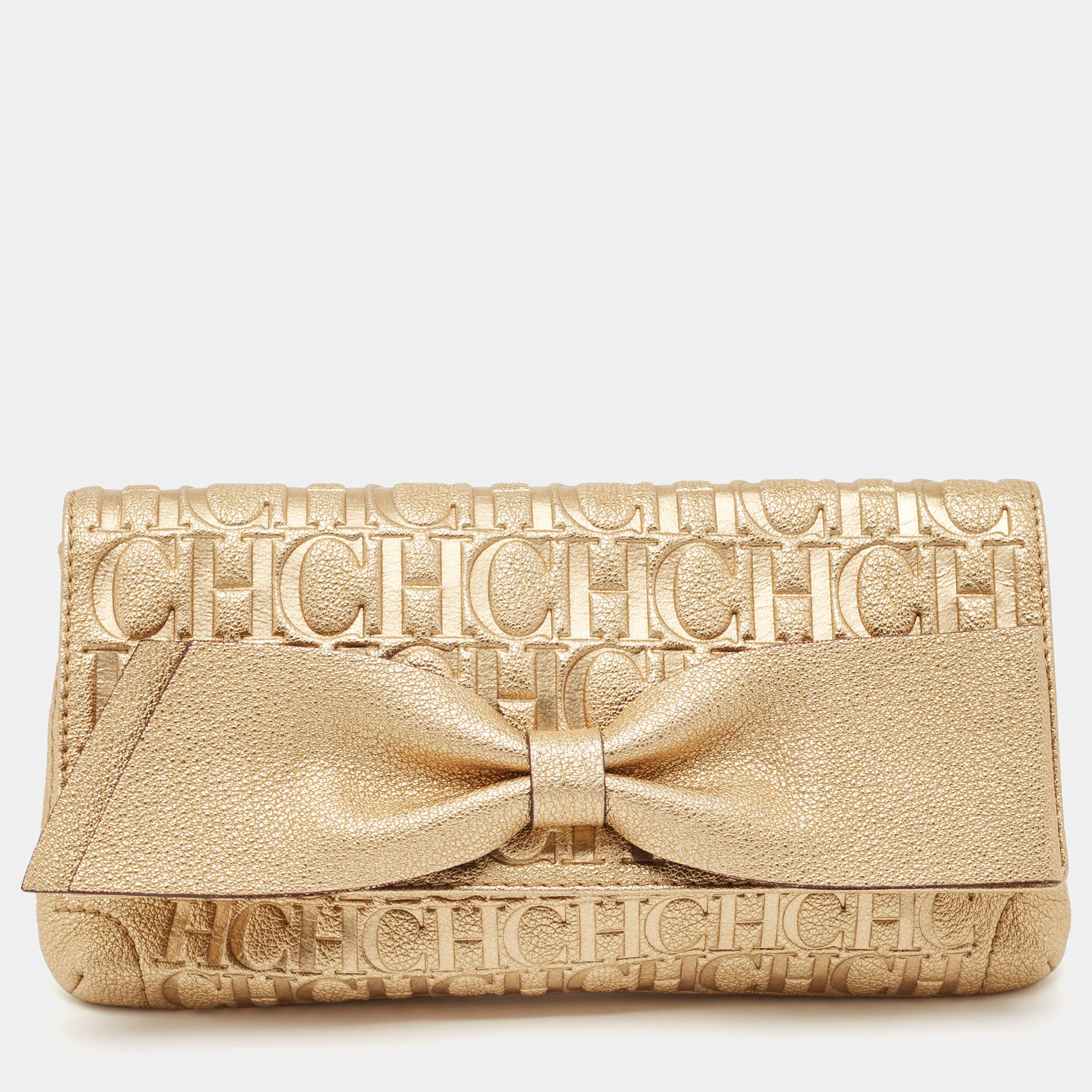 Carolina Herrera Gold Monogram Embossed Leather Bow Flap Clutch