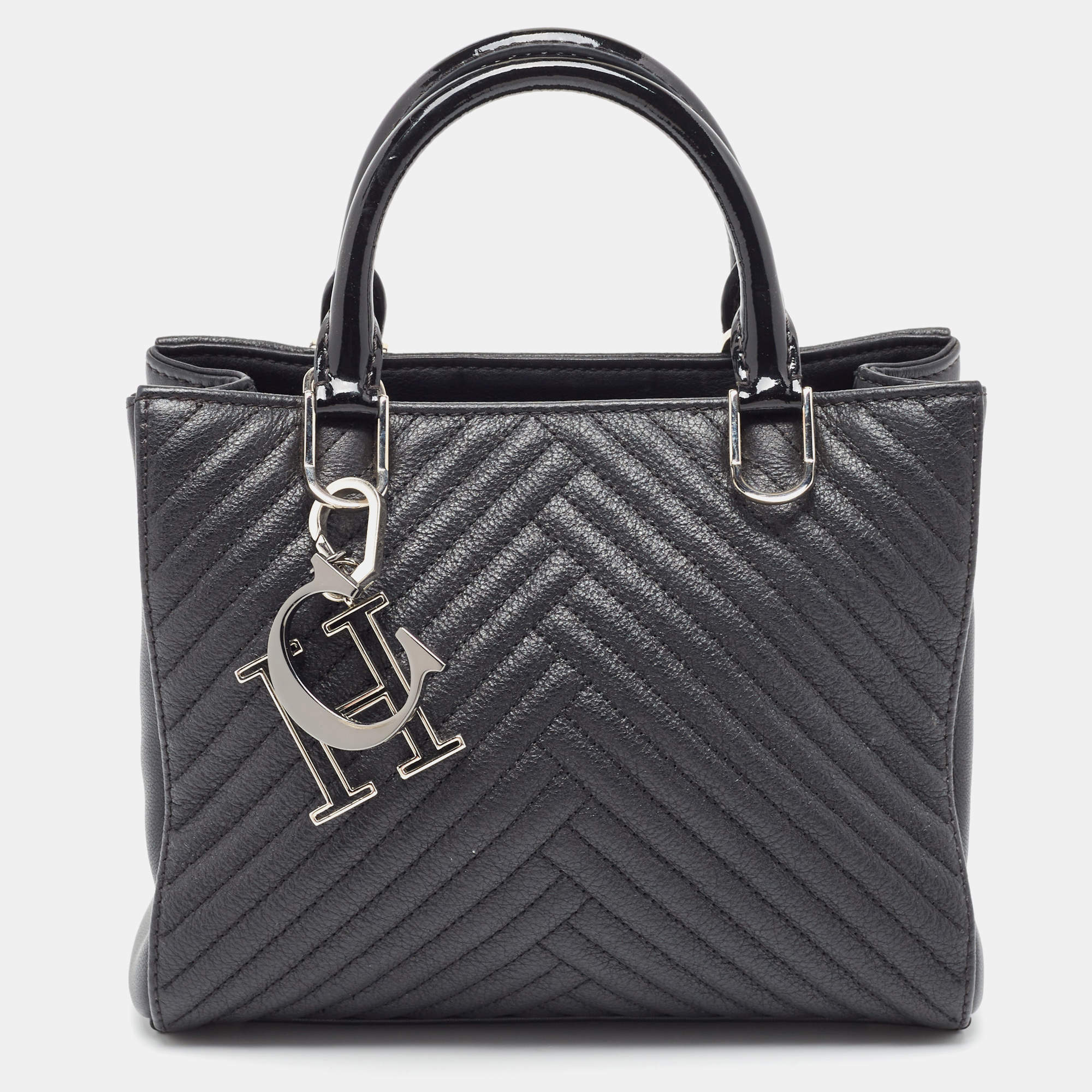 Pre Owned CH Carolina Herrera Black Leather and Patent Leather Small Tote