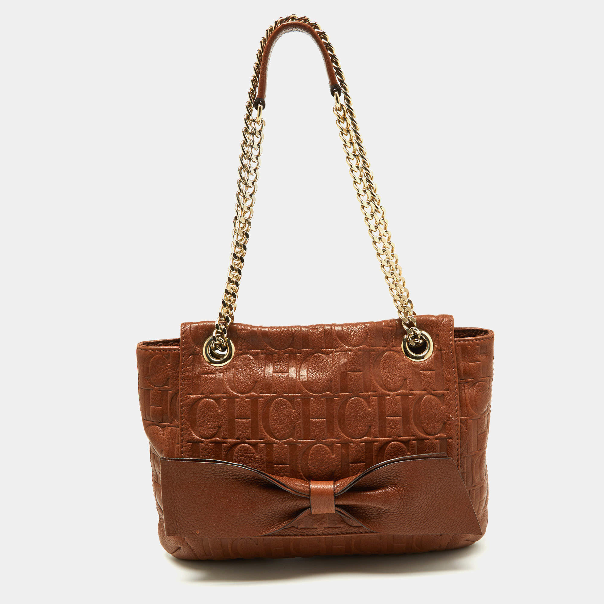 Pre Owned Carolina Herrera Brown Monogram Leather Audrey Shoulder Bag