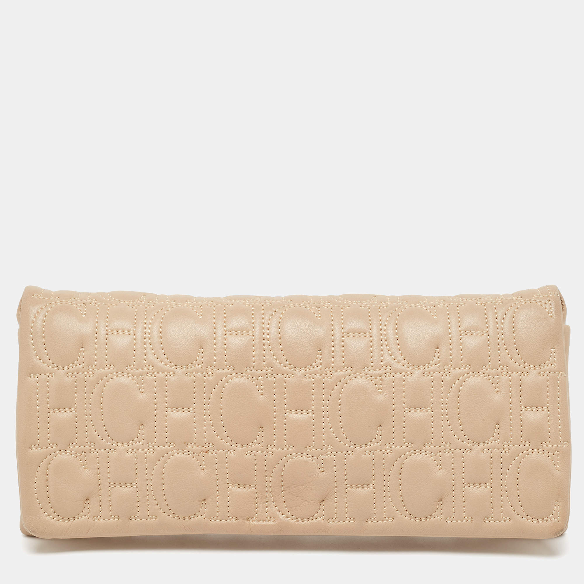Carolina Herrera Beige Monogram Embossed Leather Flap Clutch
