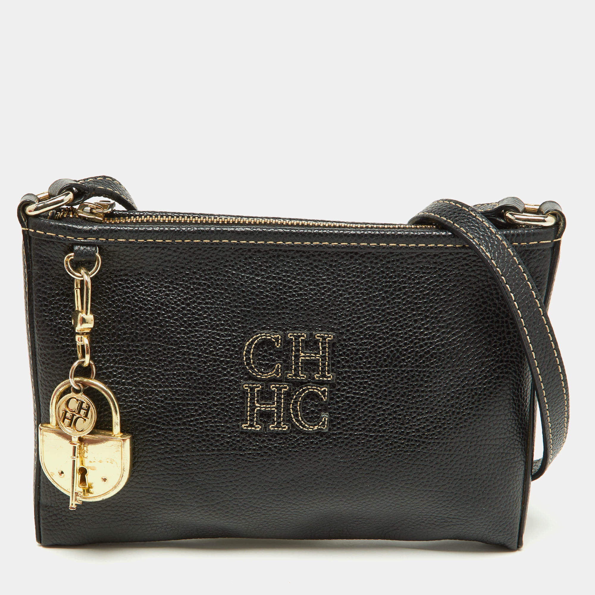 Pre Owned Carolina Herrera Black Leather Padlock Charm Crossbody Bag