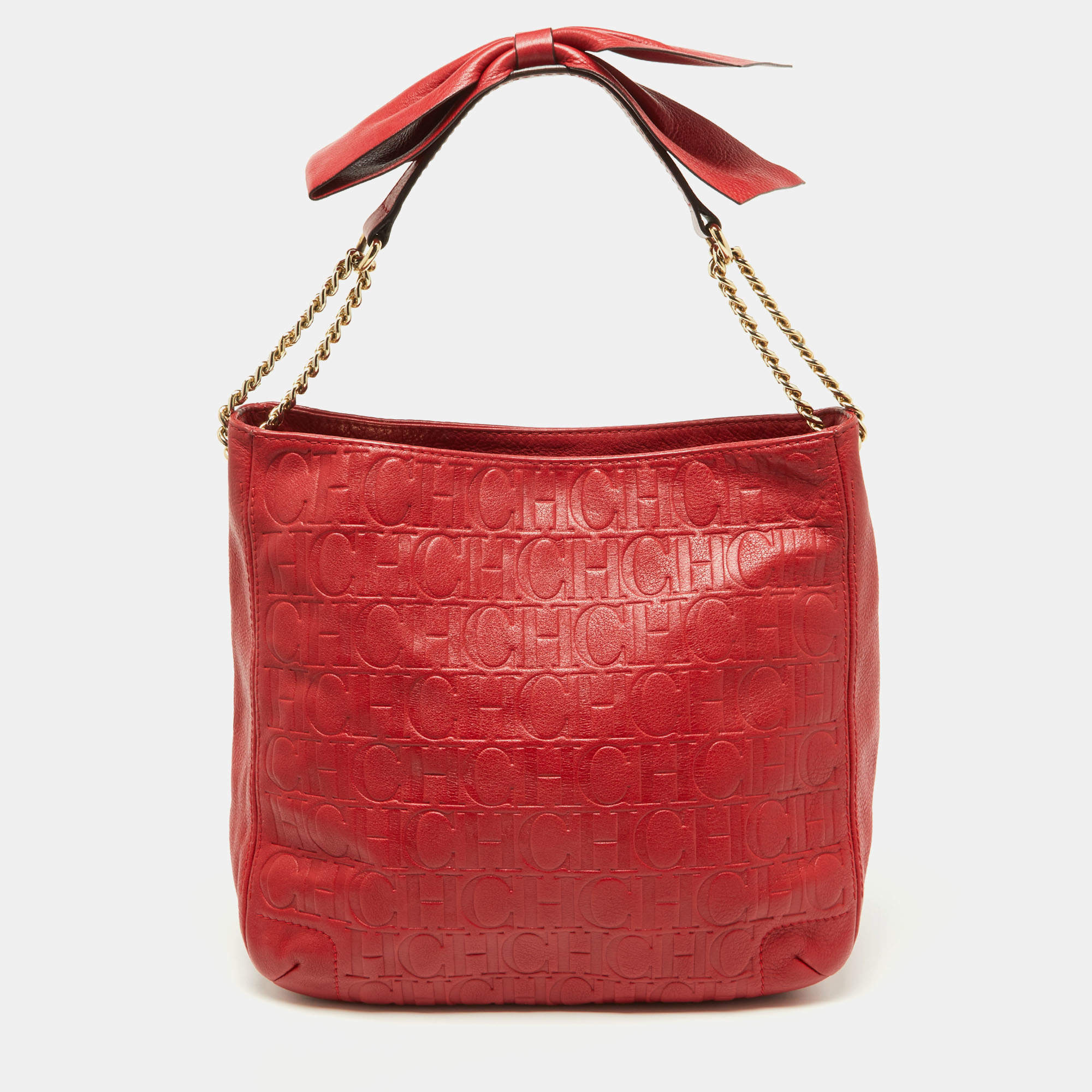 Carolina Herrera Red Monogram Embossed Leather Chain Bow Hobo