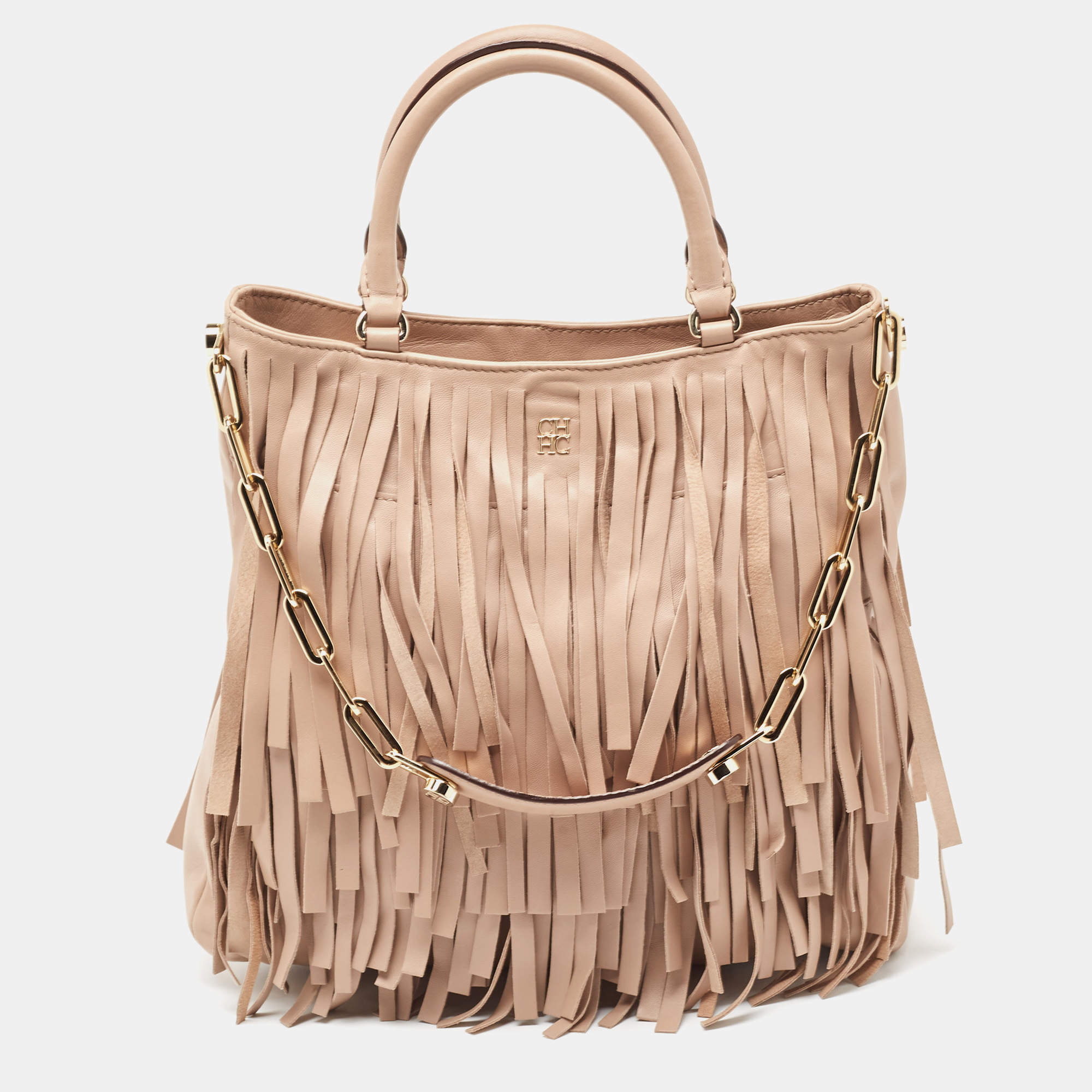 Pre Owned Carolina Herrera Beige Leather Gaspar Fringe Hobo