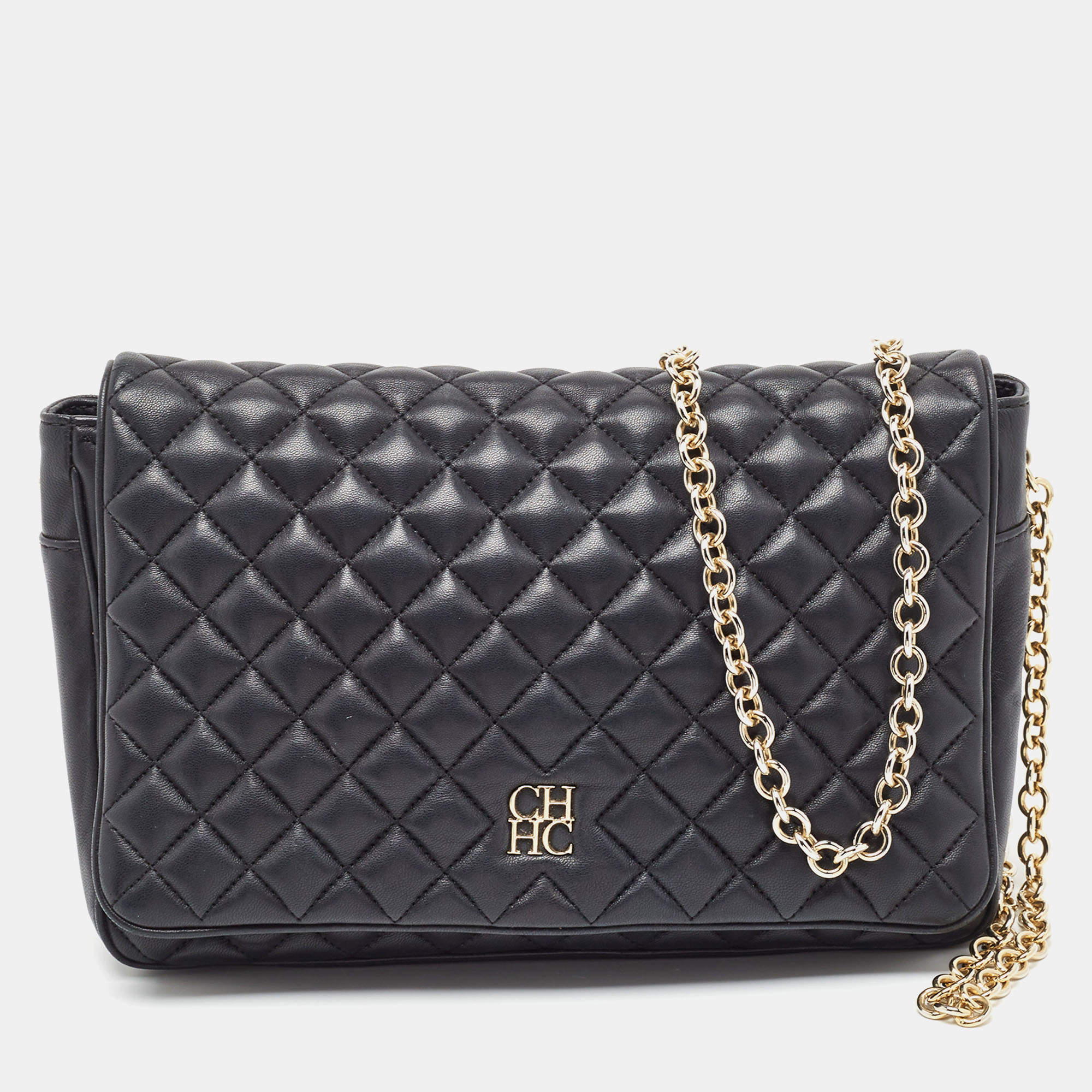 Pre Owned Carolina Herrera Black Quilted Leather Flap Chain Shoulder Bag
