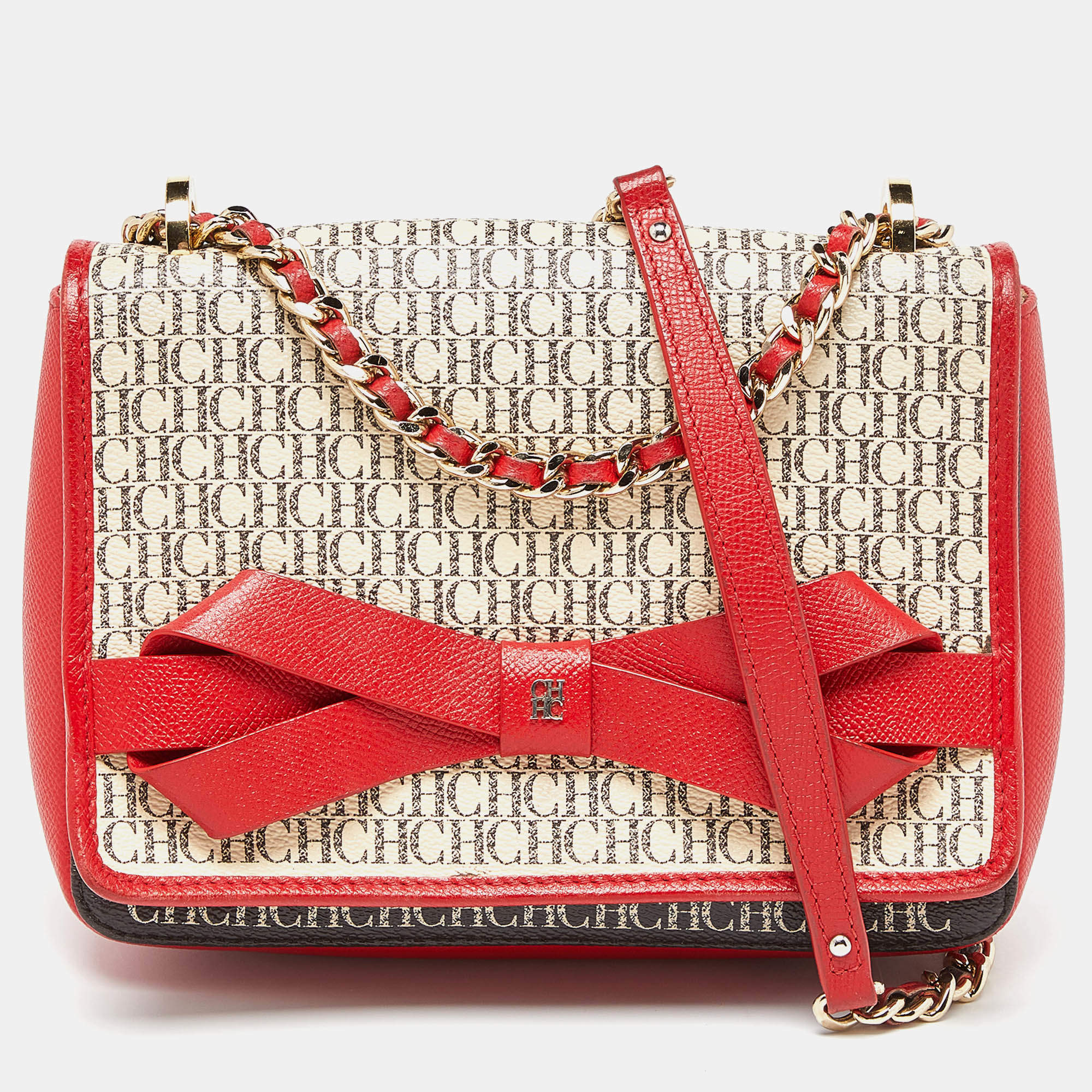 Carolina Herrera Red/White Monogram Coated Canvas and Leather Bow Flap Shoulder Bag
