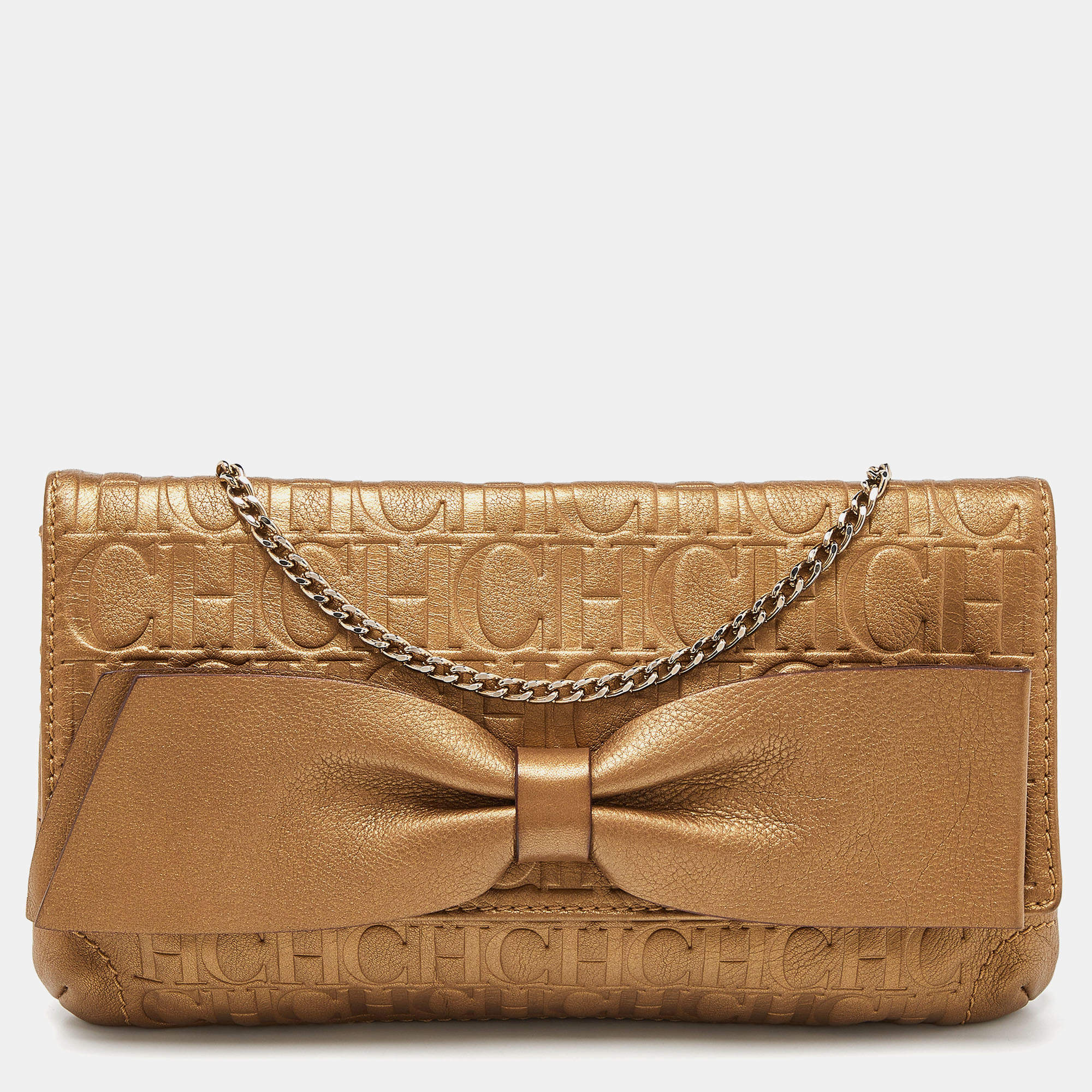 Caroline Herrera Gold Monogram Embossed Leather Bow Chain Clutch