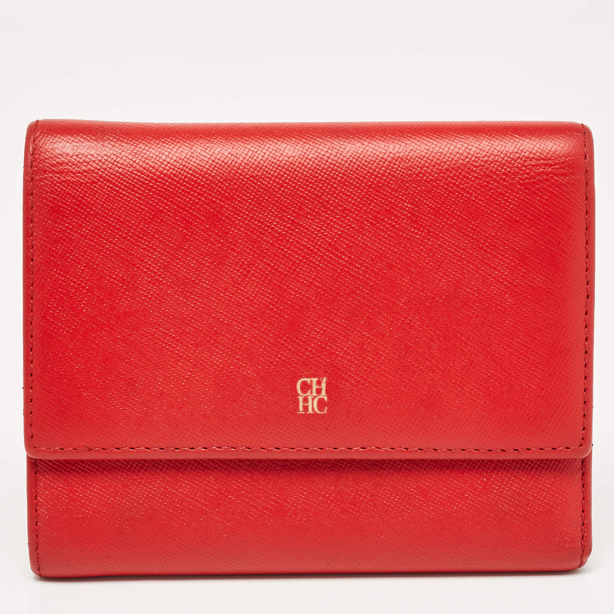 Pre Owned Carolina Herrera Red Leather Logo Trifold Wallet