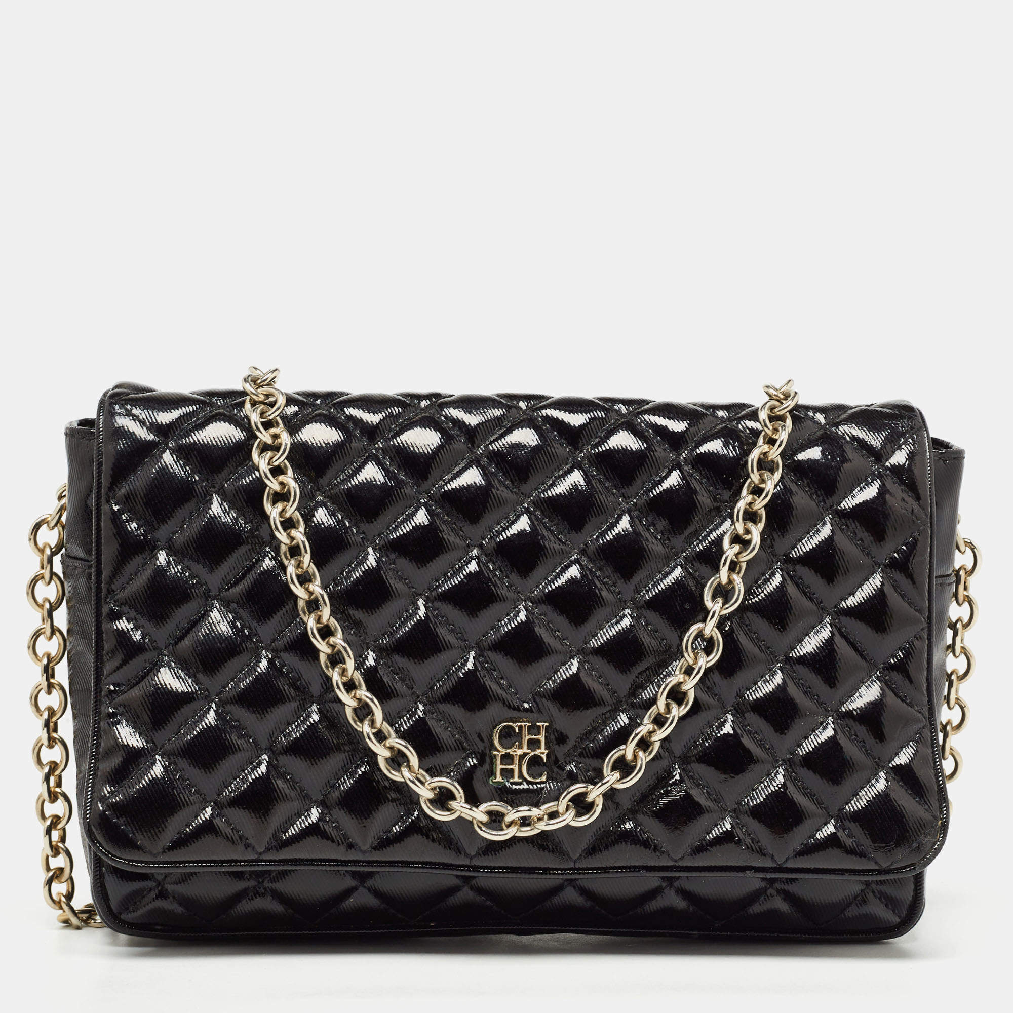 Pre Owned Carolina Herrera Black Quilted Patent Leather Flap Chain Shoulder Bag