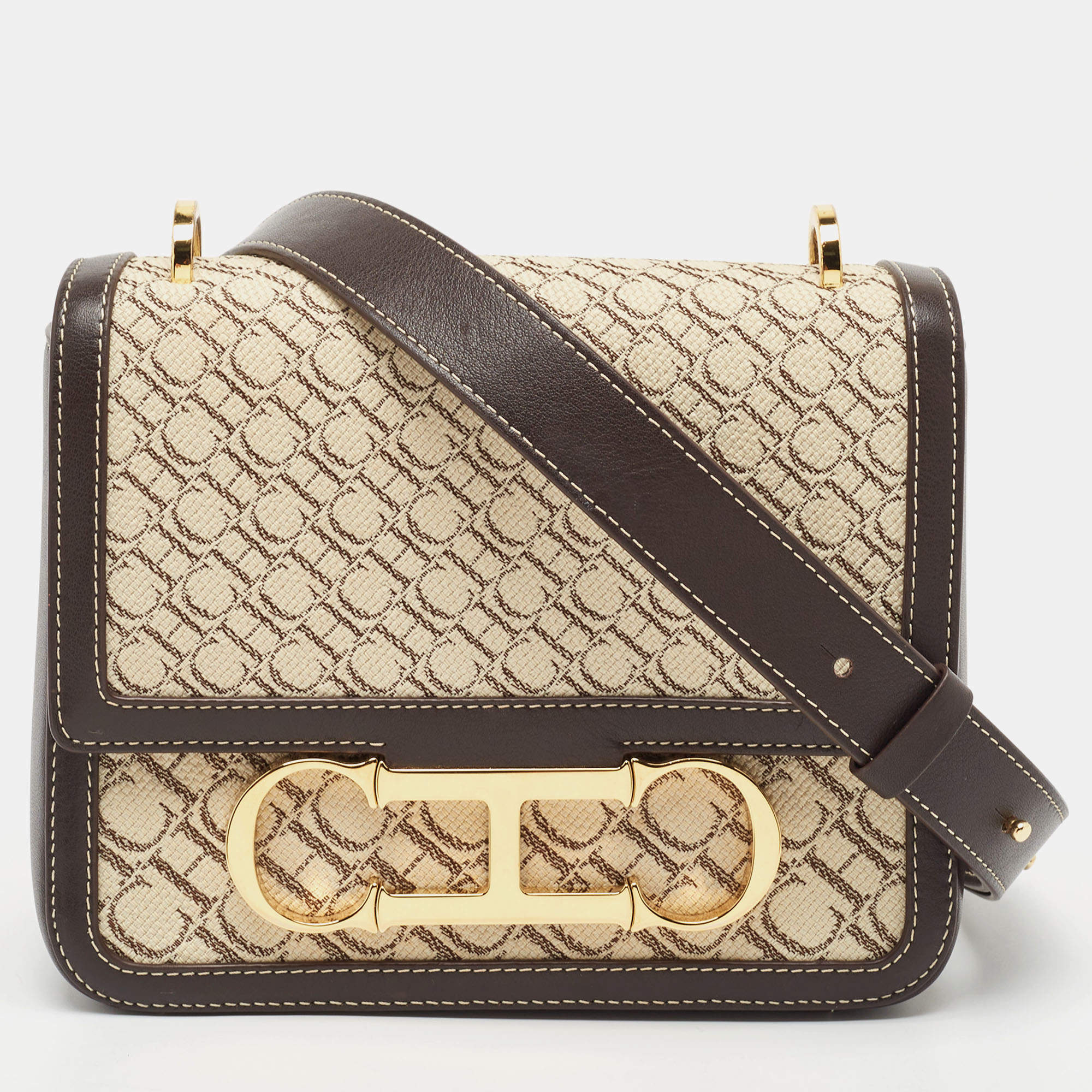 Carolina Herrera Dark Brown/Cream Monogram Canvas and Leather Initials Insignia Shoulder Bag