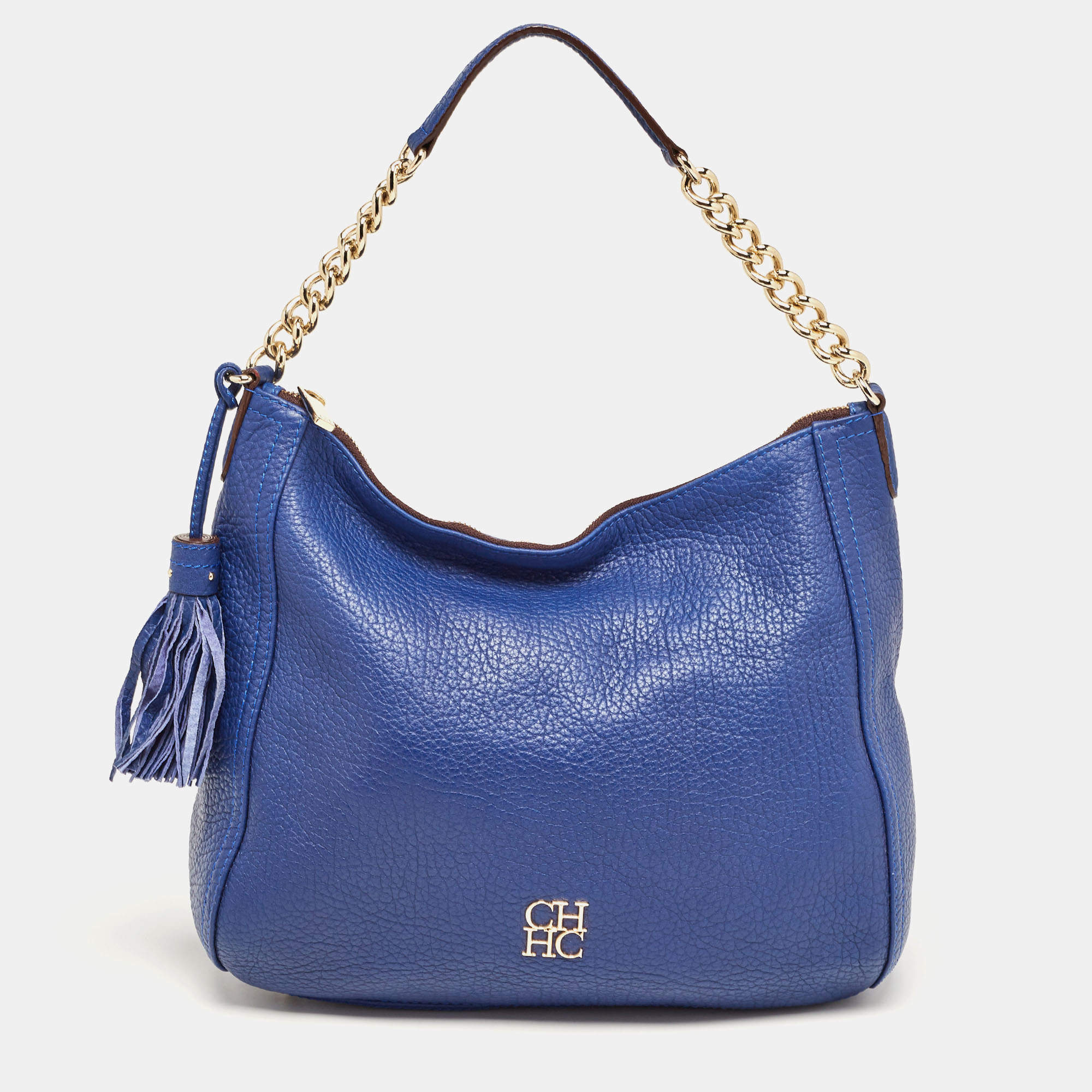 Pre Owned Carolina Herrera Blue Leather Chain Tassel Hobo