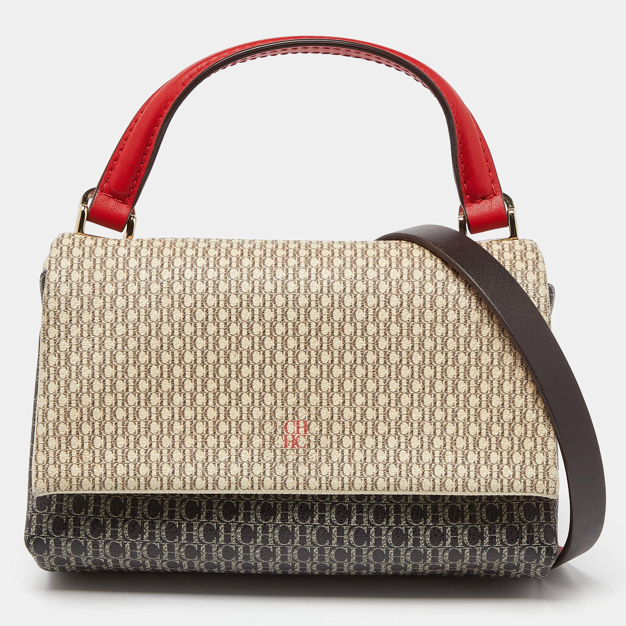 Carolina Herrera Tricolor Monogram Coated Canvas and Leather Mini Flap Top Handle Bag