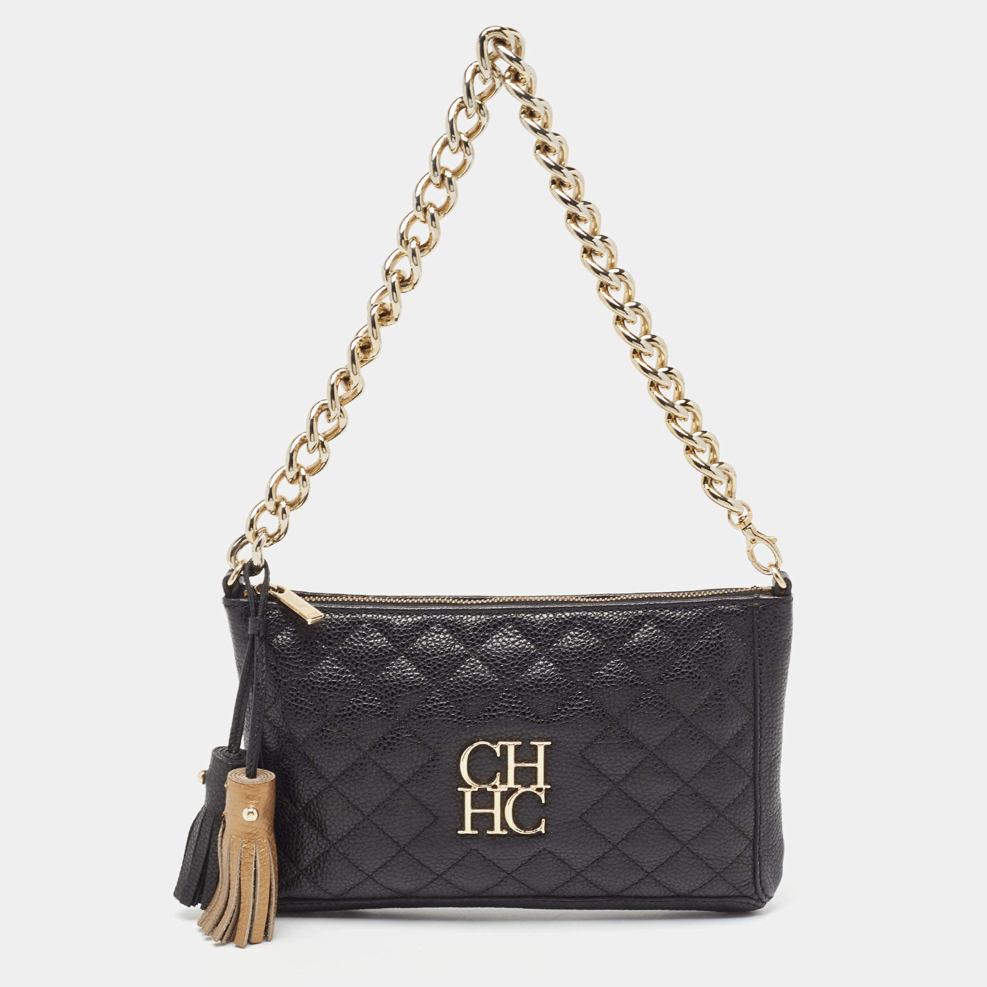 Pre Owned Carolina Herrera Black Quilted Leather Chain Tassel Baguette Bag