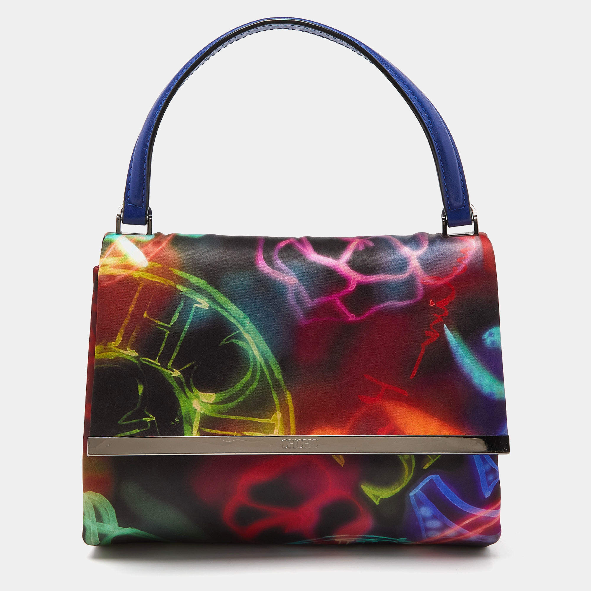 Pre Owned Carolina Herrera Multicolor Printed Fabric and Leather Metal Flap Top Handle Bag
