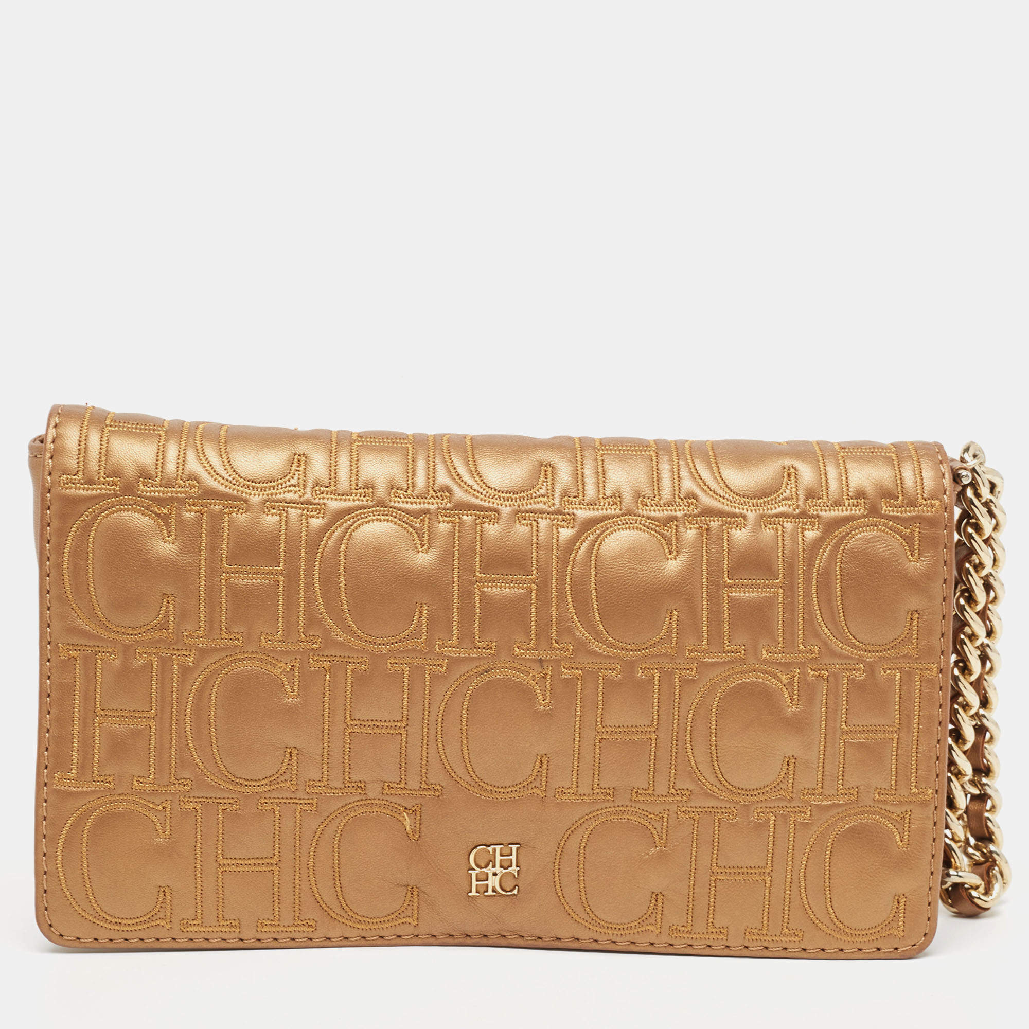 Carolina Herrera Bronze Monogram Leather Wristlet Clutch