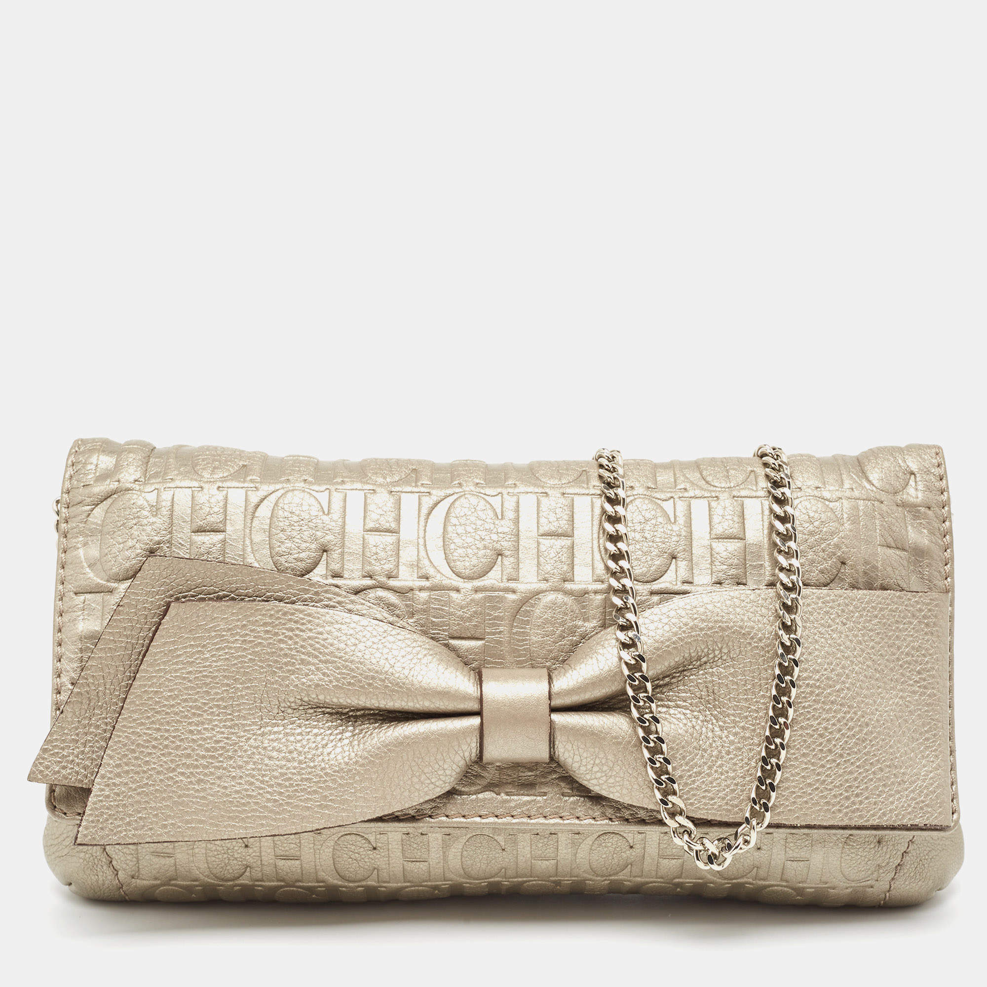 Carolina Herrera Grey Monogram Embossed Leather Bow Flap Chain Clutch  