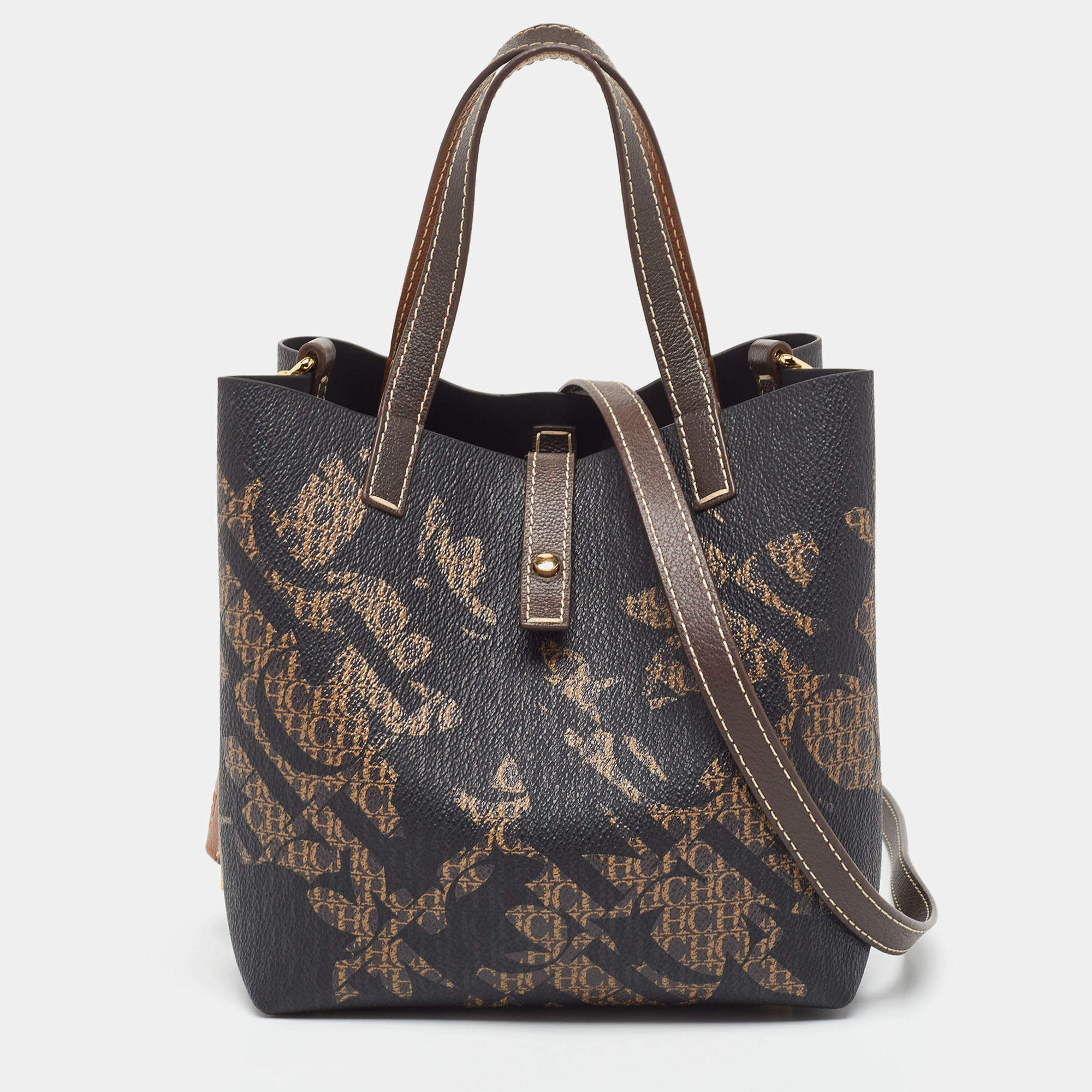 Carolina Herrera Black/Brown Monogram Coated Canvas and Leather Matryoshka Tote