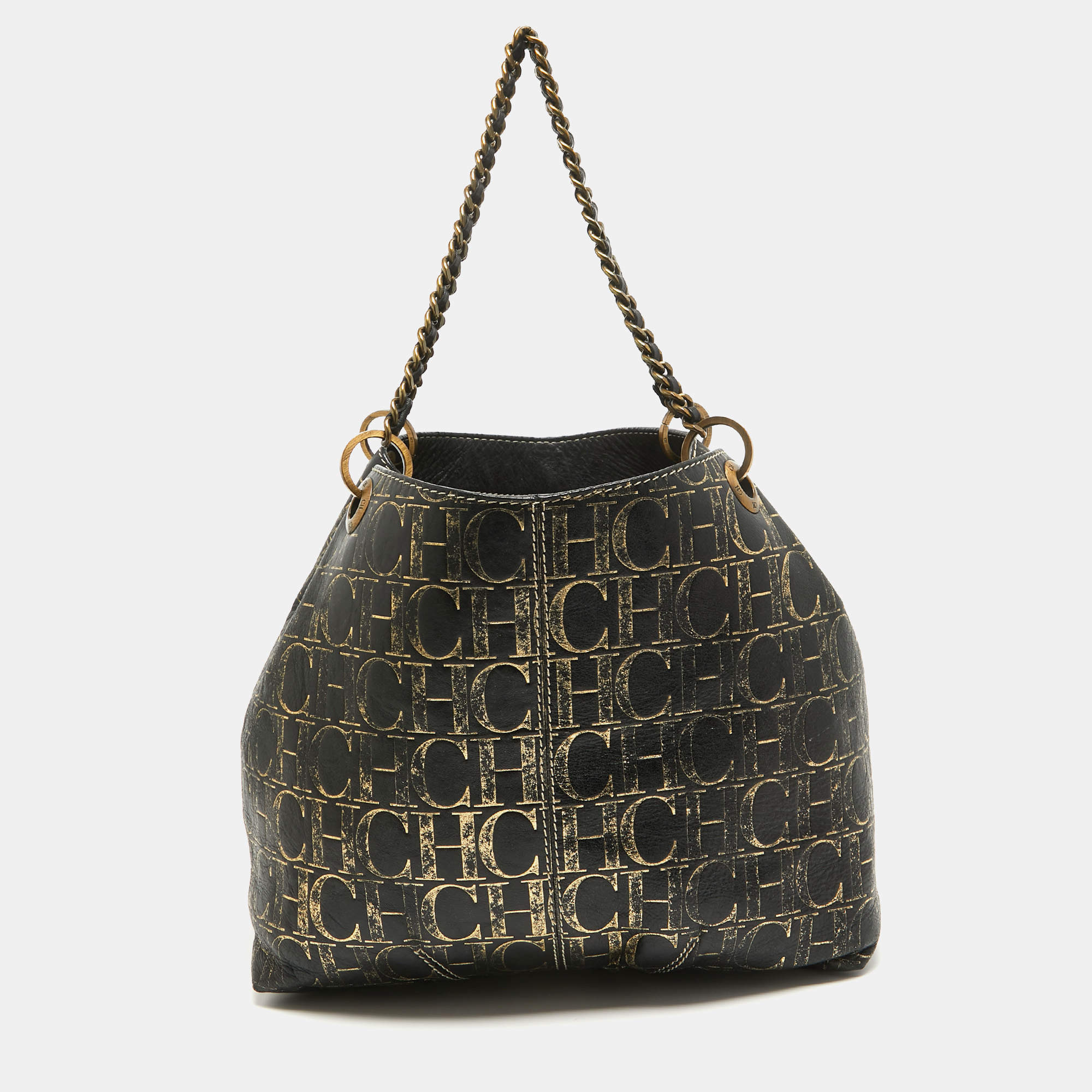 Pre Owned Carolina Herrera Black/Gold Monogram Embossed Leather Chain Tote