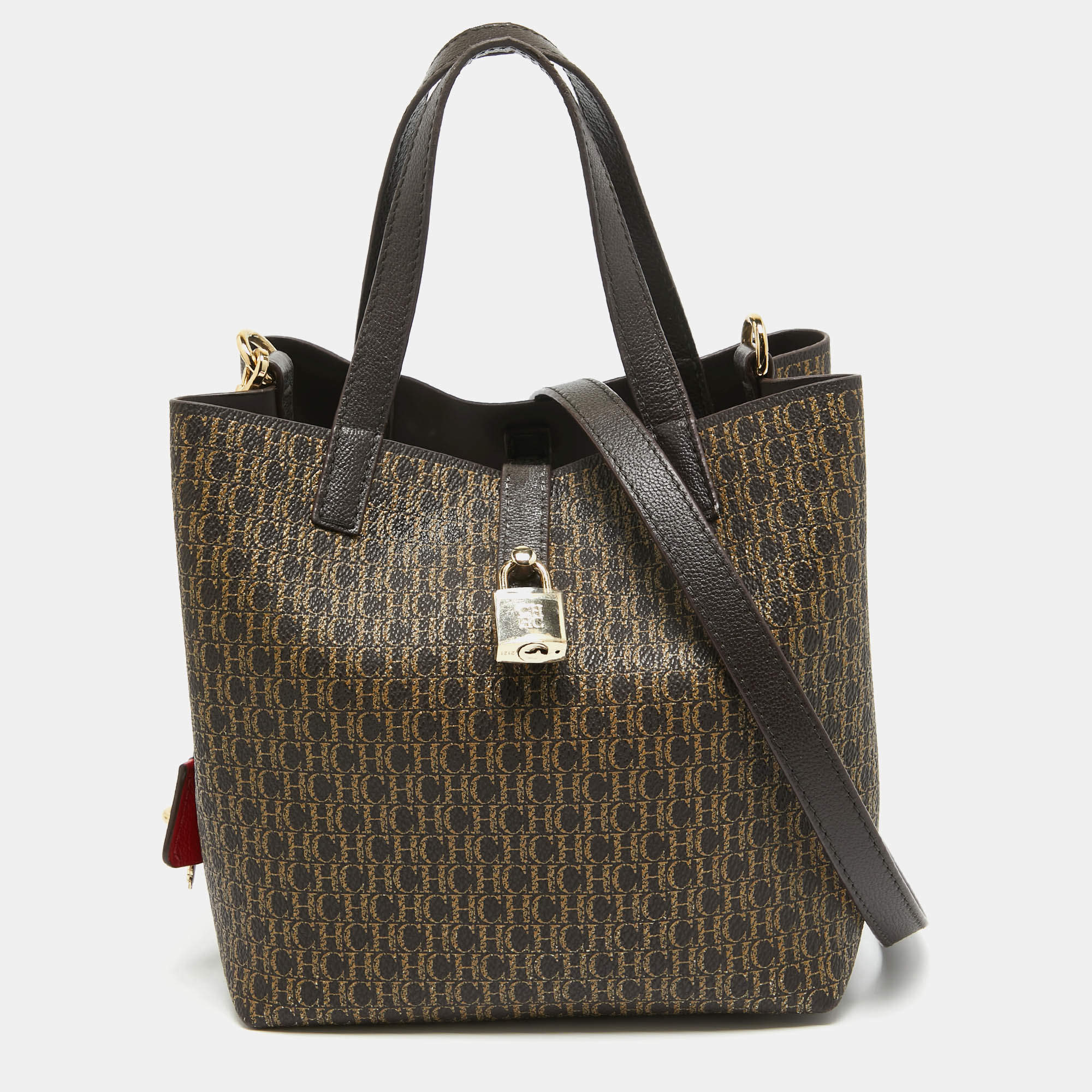 Carolina Herrera Dark Brown Monogram Coated Canvas and Leather Small Matryoshka Locked Tote