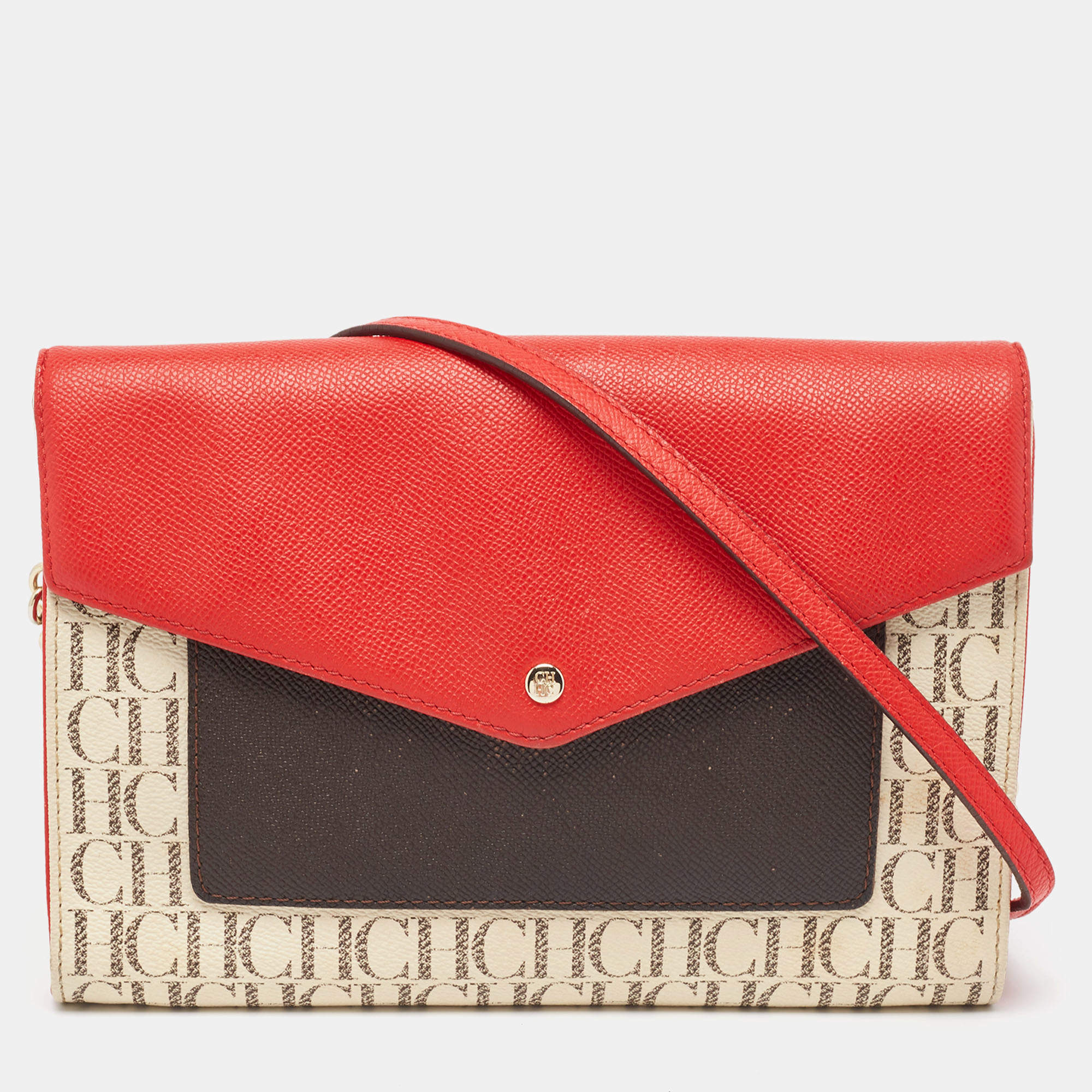 Pre Owned Carolina Herrera Red/Brown Signature Coated Canvas and Leather Envelope Flap Bag