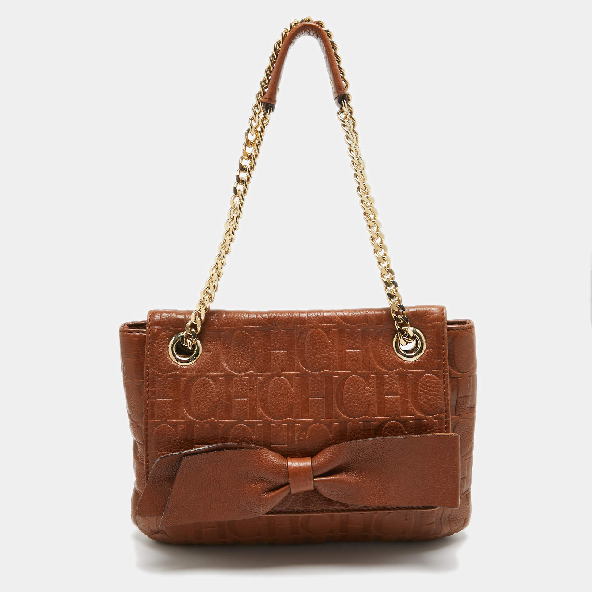 Carolina Herrera Brown Monogram Leather Audrey Shoulder Bag