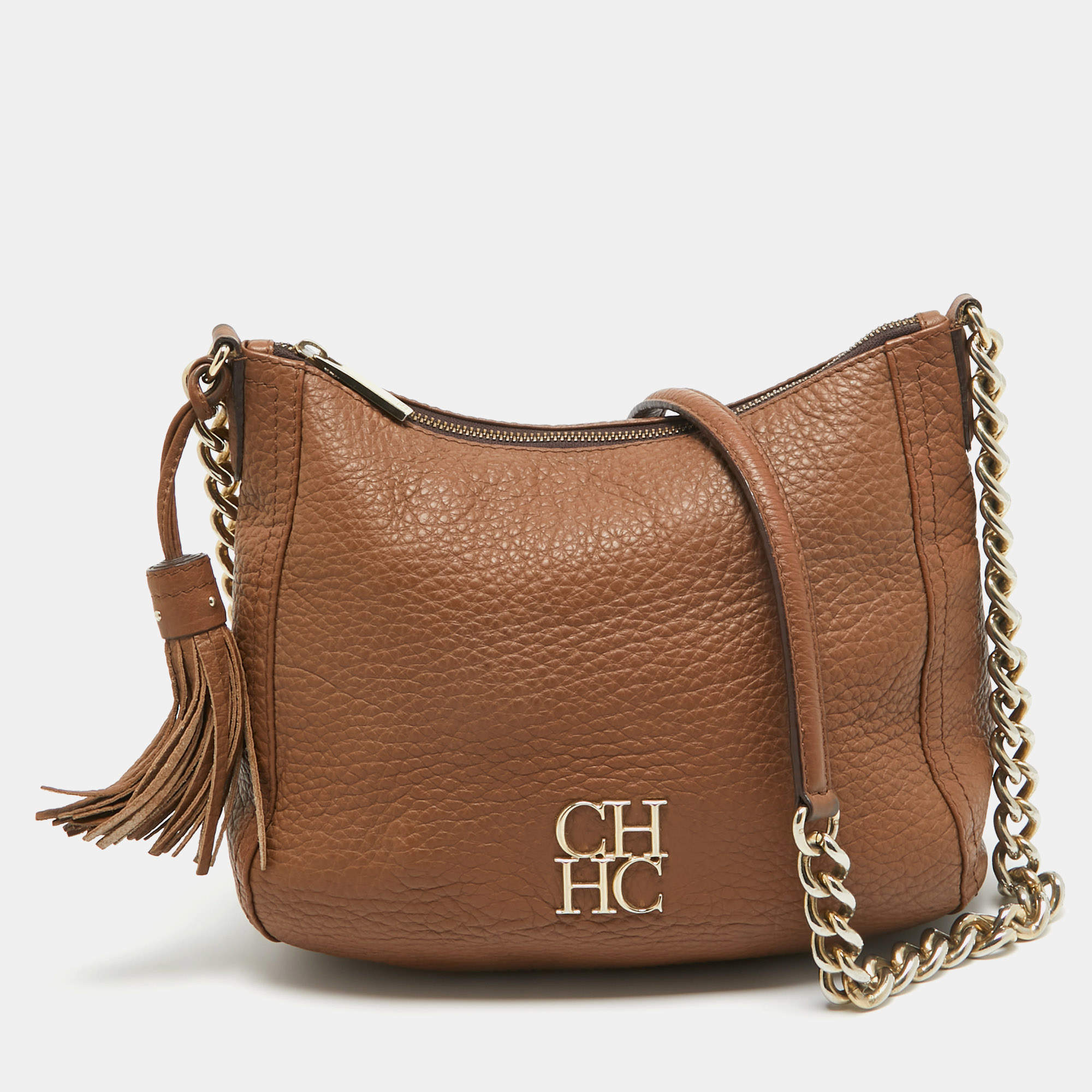 Carolina Herrera Brown Leather Tassel Chain Hobo