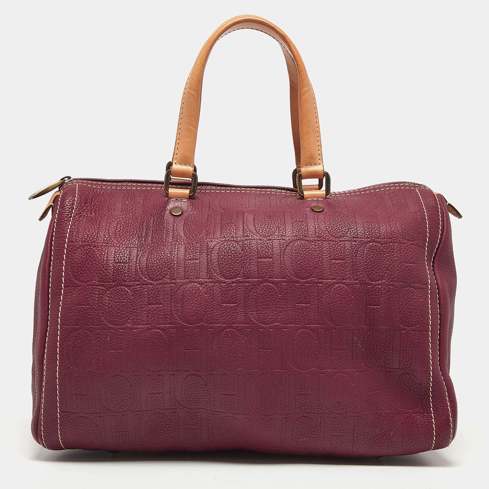 Pre Owned Carolina Herrera Burgundy/Beige Monogram Leather Large Andy Boston Bag