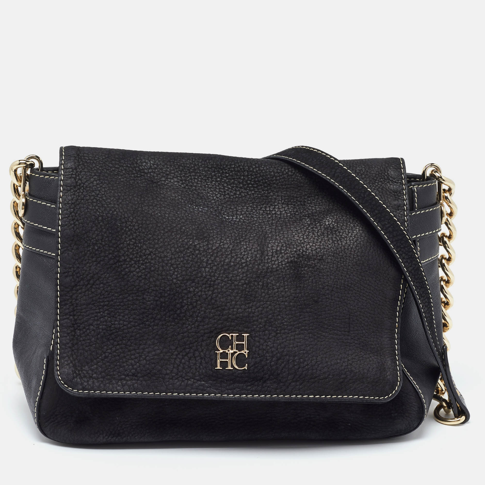 Pre Owned Carolina Herrera Black Nubuck and Leather Chain Flap Shoulder Bag