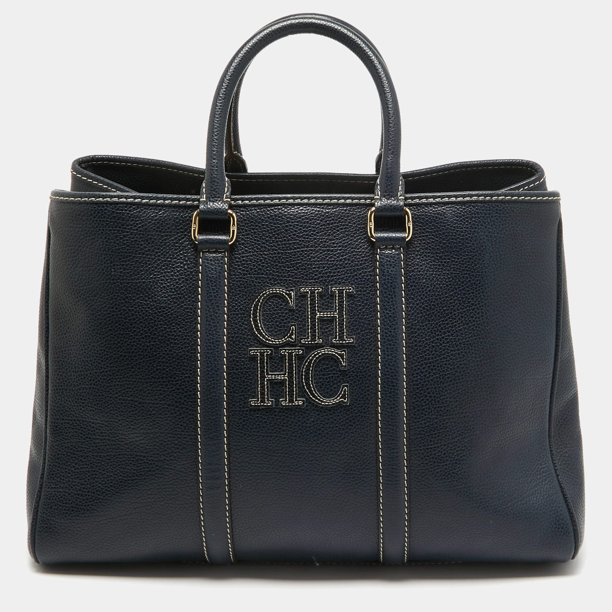 Pre Owned Carolina Herrera Navy Blue Grained Leather Matteo Tote