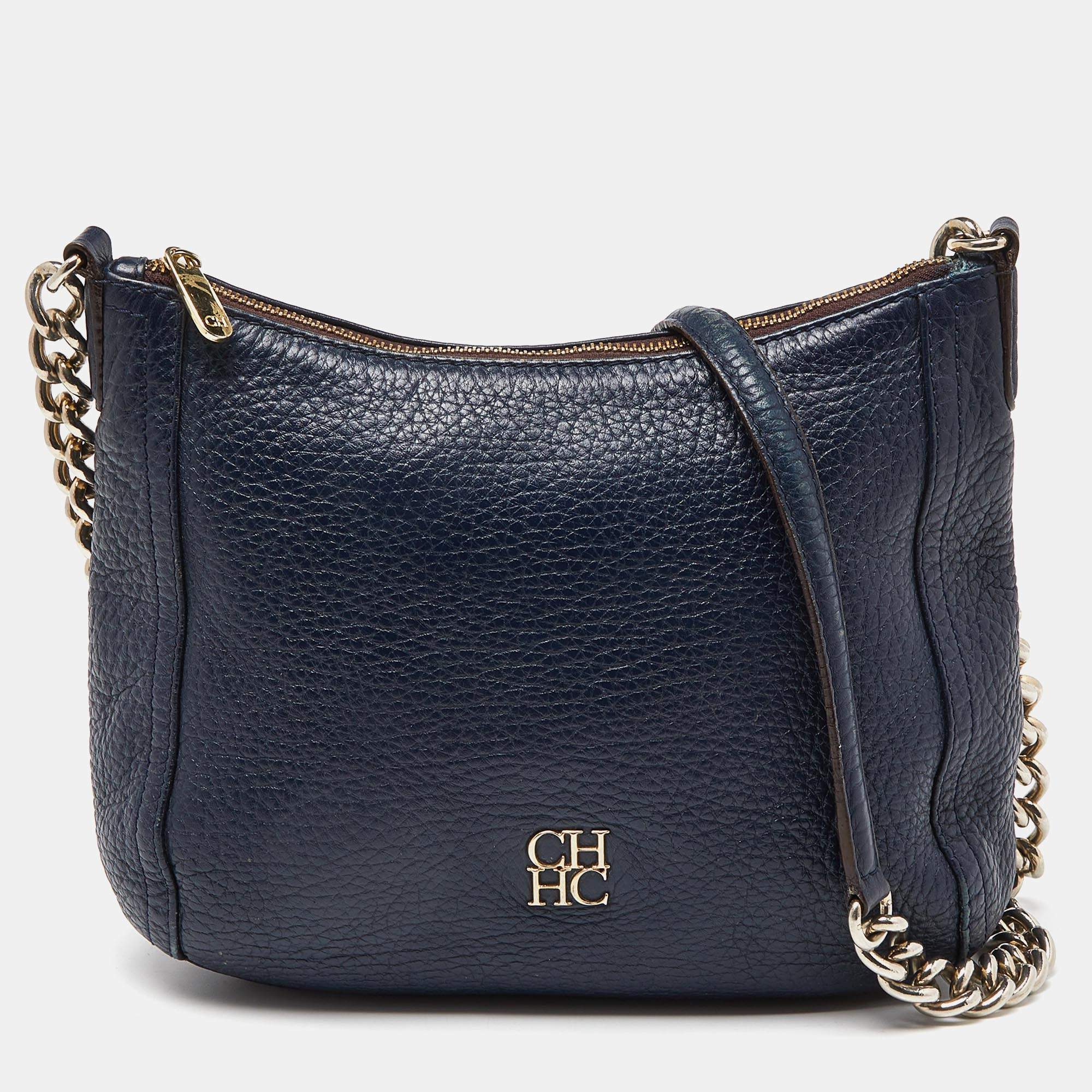 Carolina Herrera Navy Blue Leather Chain Shoulder Bag