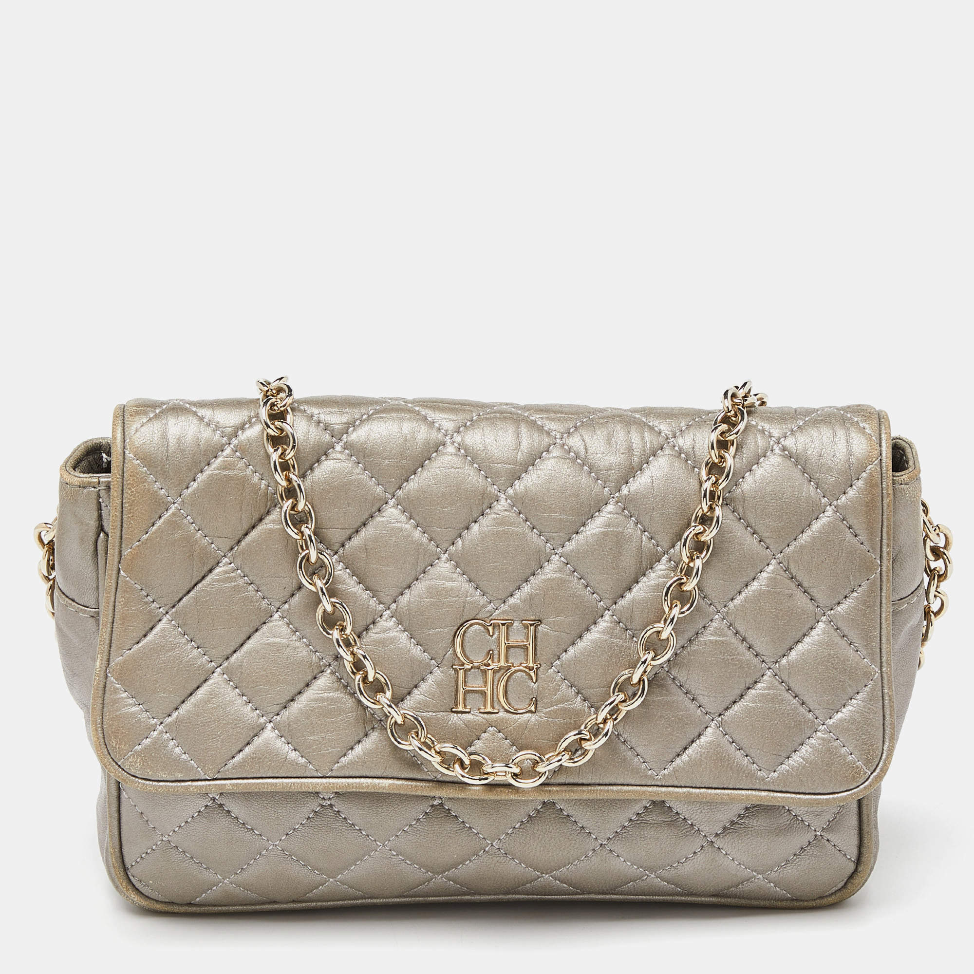 Carolina Herrera Grey Quilted Leather Chain Crossbody Bag