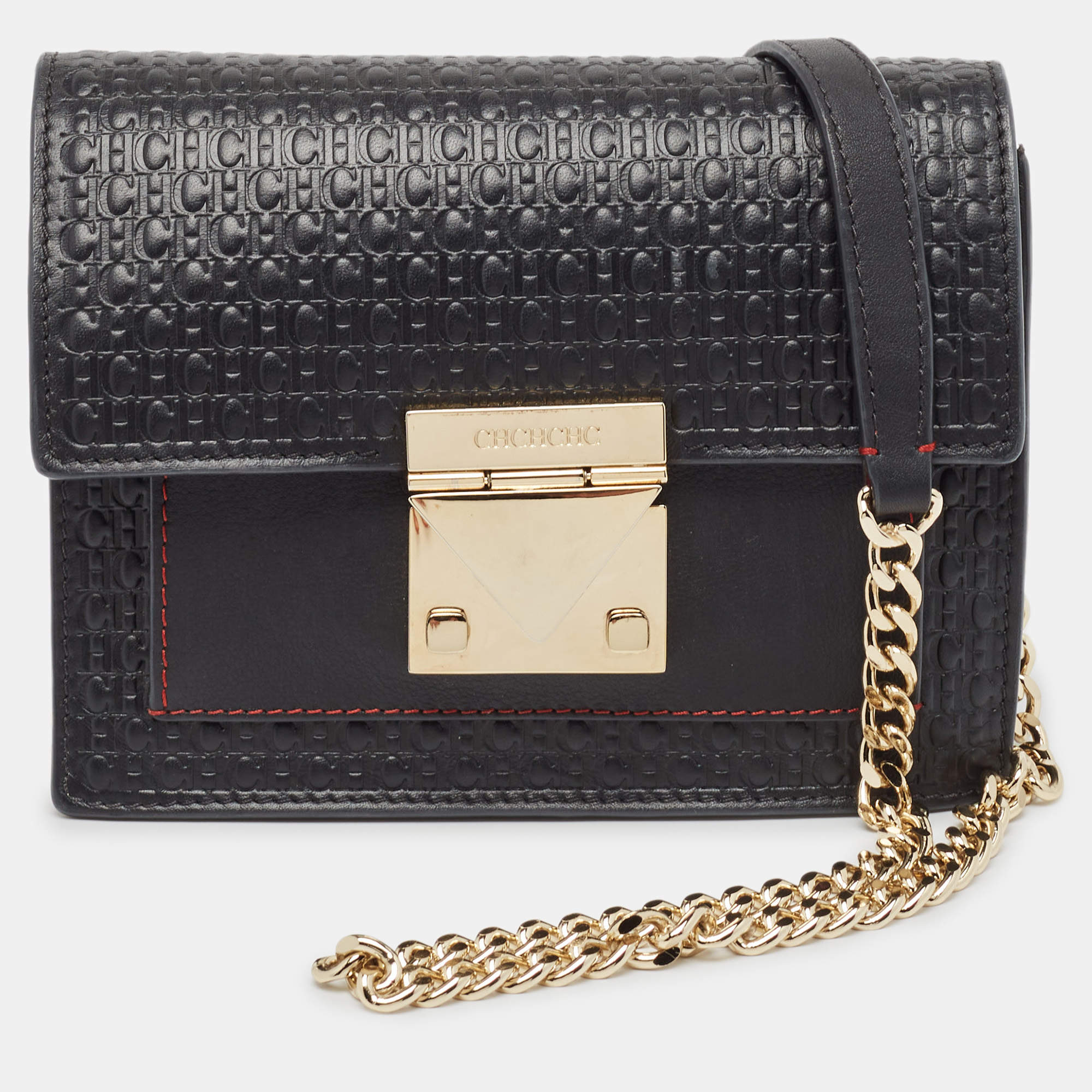 Carolina Herrera Black Monogram Embossed Leather Carry on Shoulder Bag