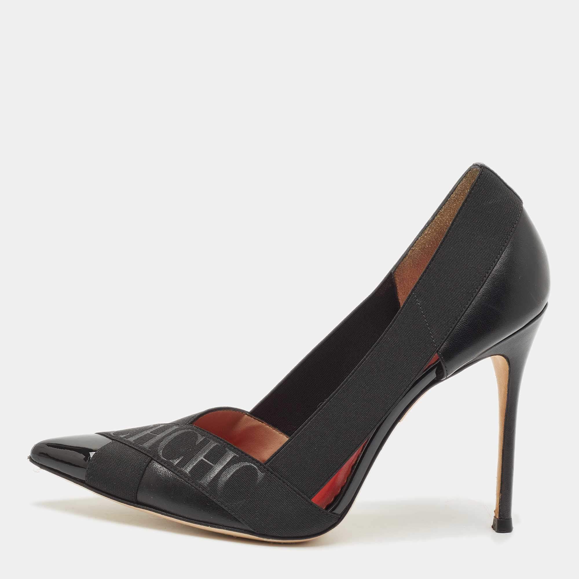 Carolina Herrera Black Leather and Stretch Band Logo Pumps Size 38