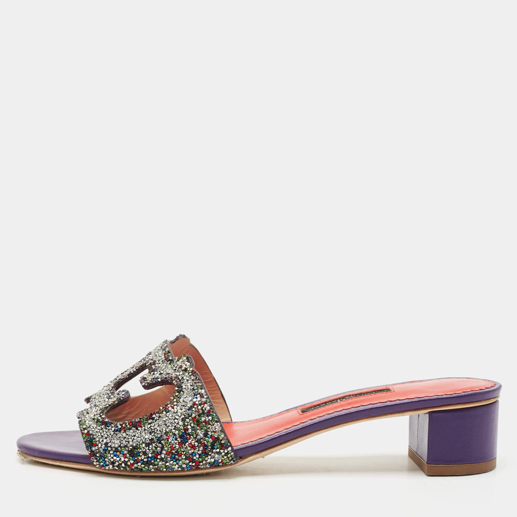 Carolina Herrera Purple Glitter and Leather Slide Sandals Size 38